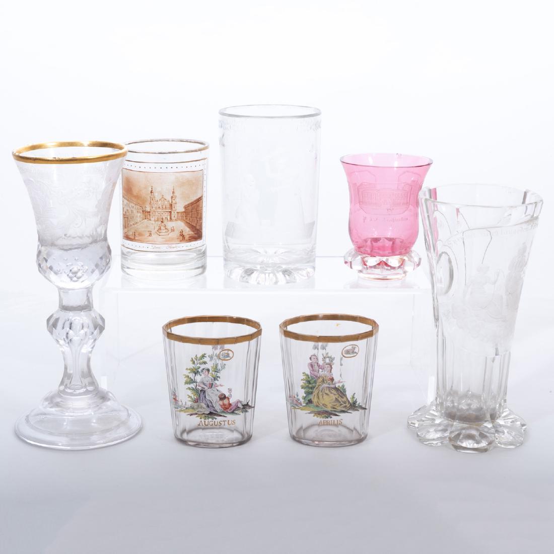 Group of Etched and Enameled Glass: Group of Etched and Enameled Glass Comprising: A German etched glass wine beaker A German gilt and etched wine glass, monogrammed A Continental etched glass tumbler A German cranberry etched glass tum