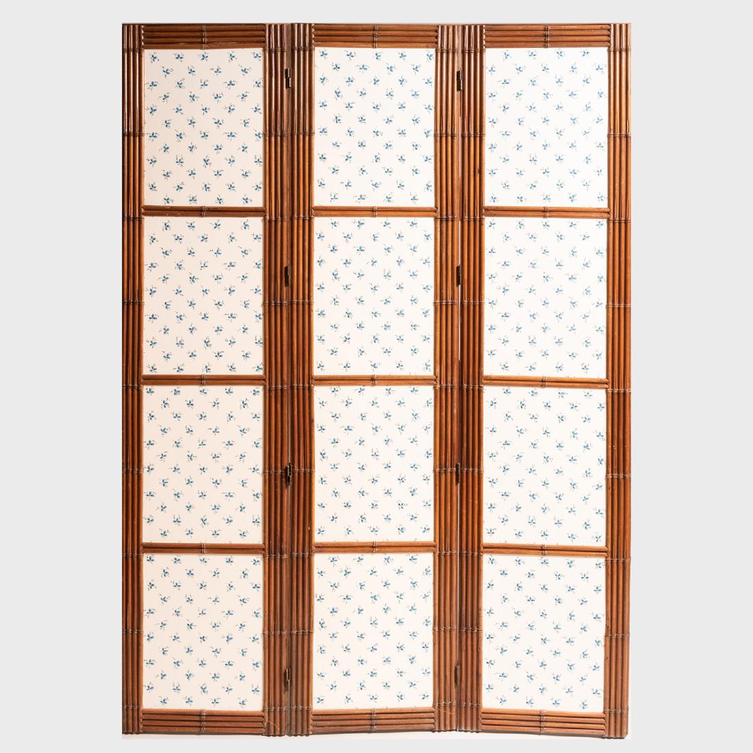 Faux Bamboo and Wallpaper Three Panel Screen: Faux Bamboo and Wallpaper Three Panel Screen 75 x 17 3/4 in. (each panel), 75 x 53 1/4 in. (overall).