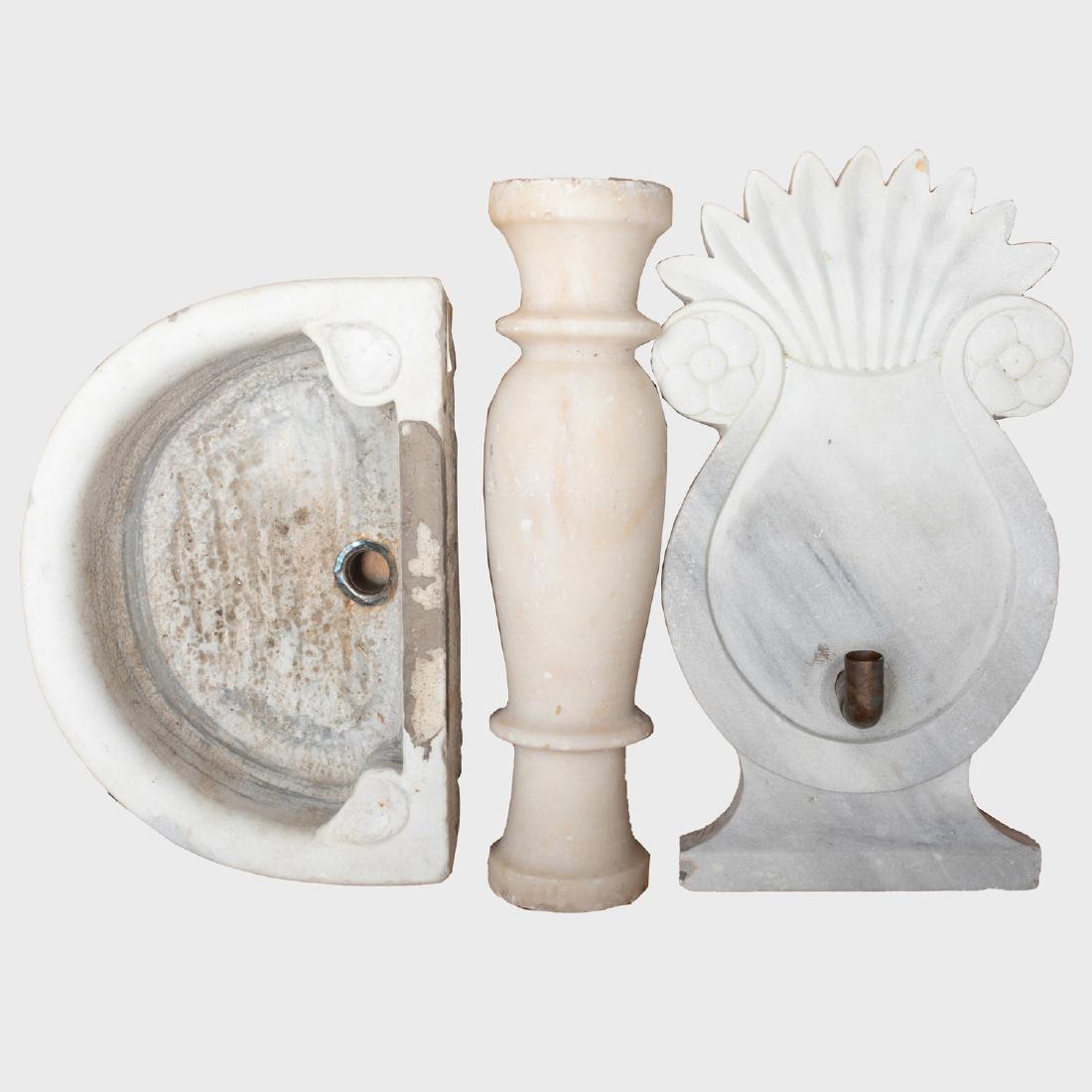 Wall Mounted Marble Fountain and Basin: Wall Mounted Marble Fountain and Basin In three parts. Approx. 49 in. high Home of John Saladino, Removed from Robin Hill, Norfolk, CT