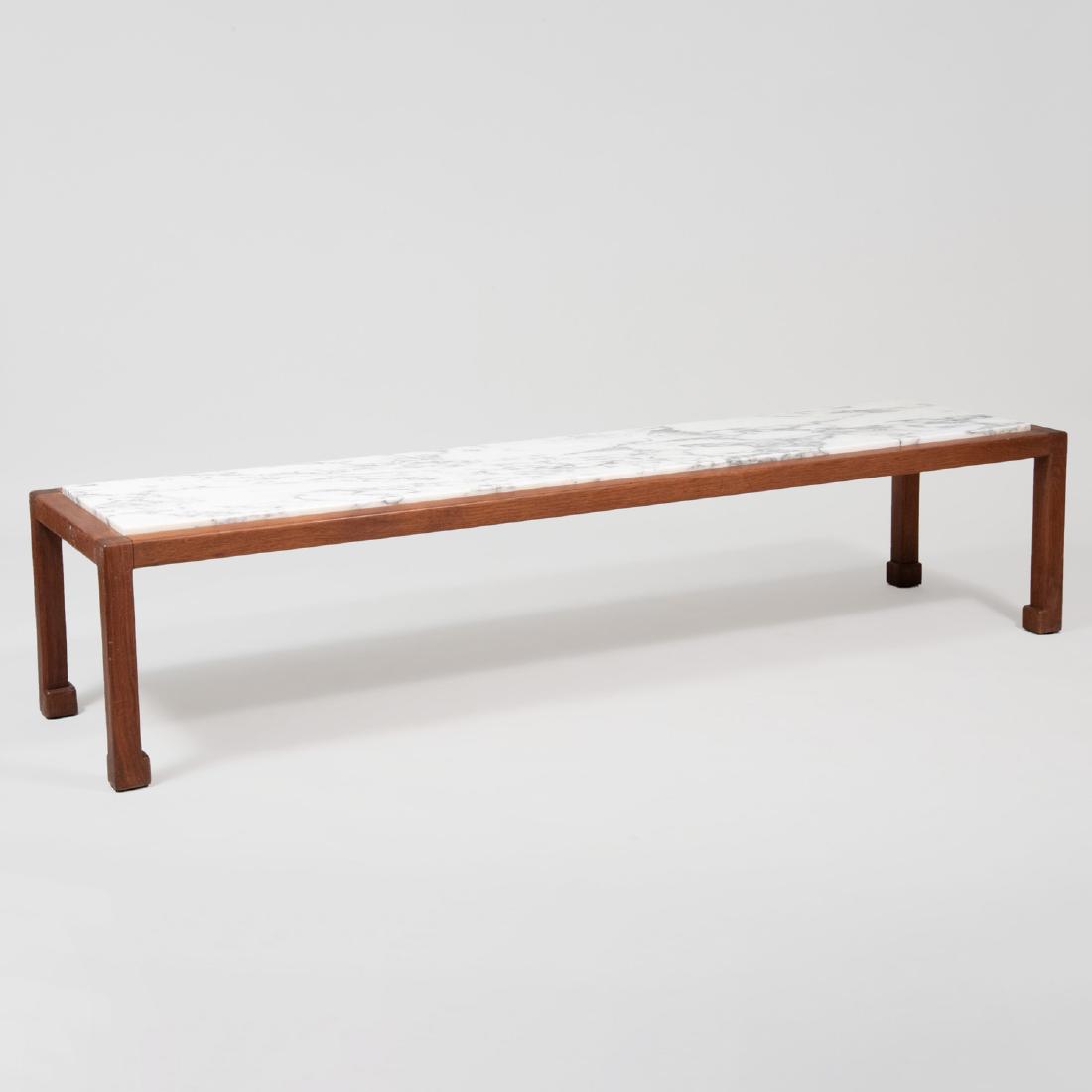 Vladimir Kagan Teak and Marble Low Table: Vladimir Kagan Teak and Marble Low Table Fitted with a marble top. 16 x 72 x 18 in.