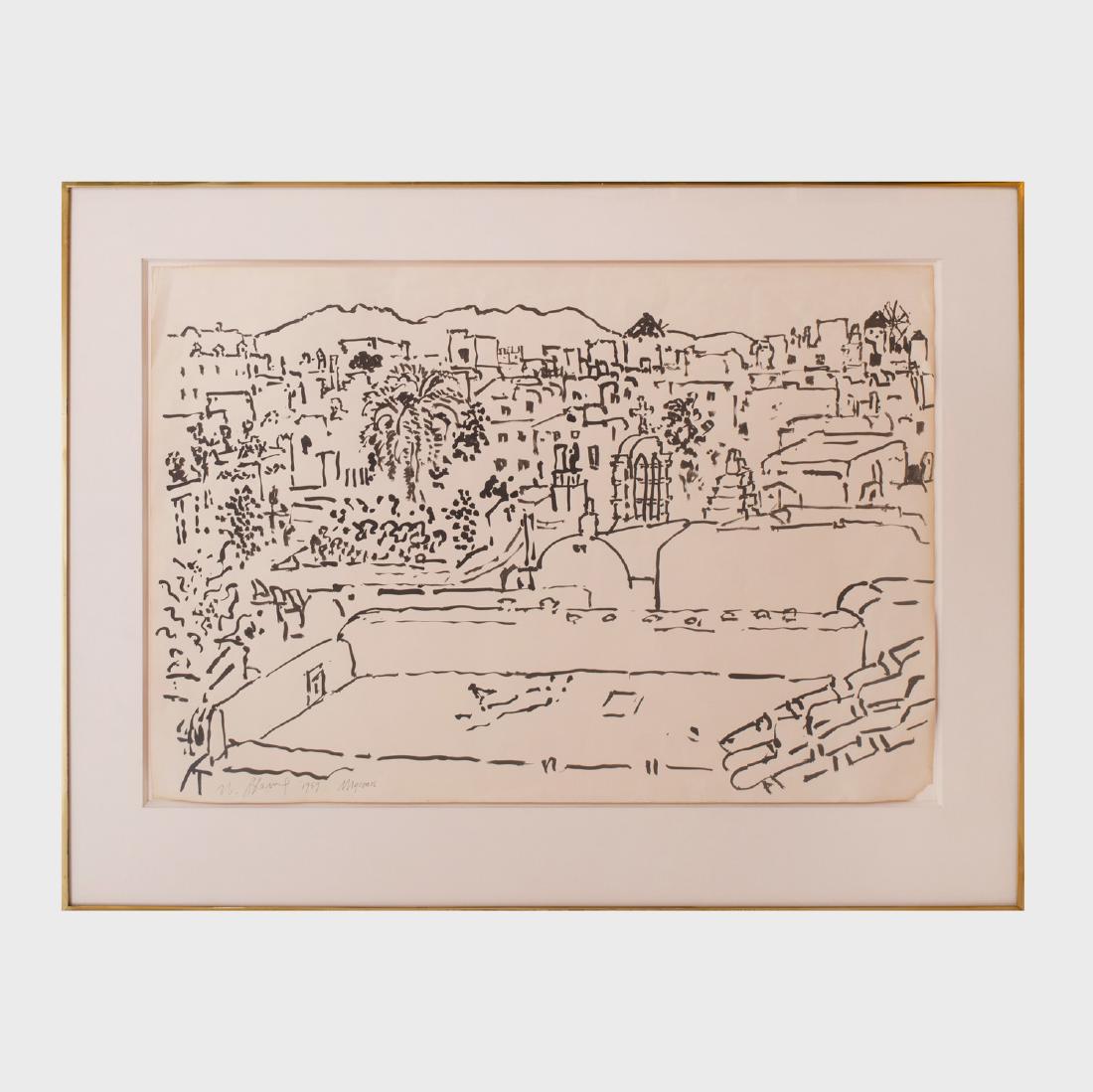 Nell Blaine (1922-1996): Mykonos: Nell Blaine (1922-1996): Mykonos Ink on paper, 1959, signed 'N. Blaine', titled and dated lower left. 19 3/4 x 27 1/2 in., 27 x 34 in. (frame). Property from an Albany House Designed by Tom Britt