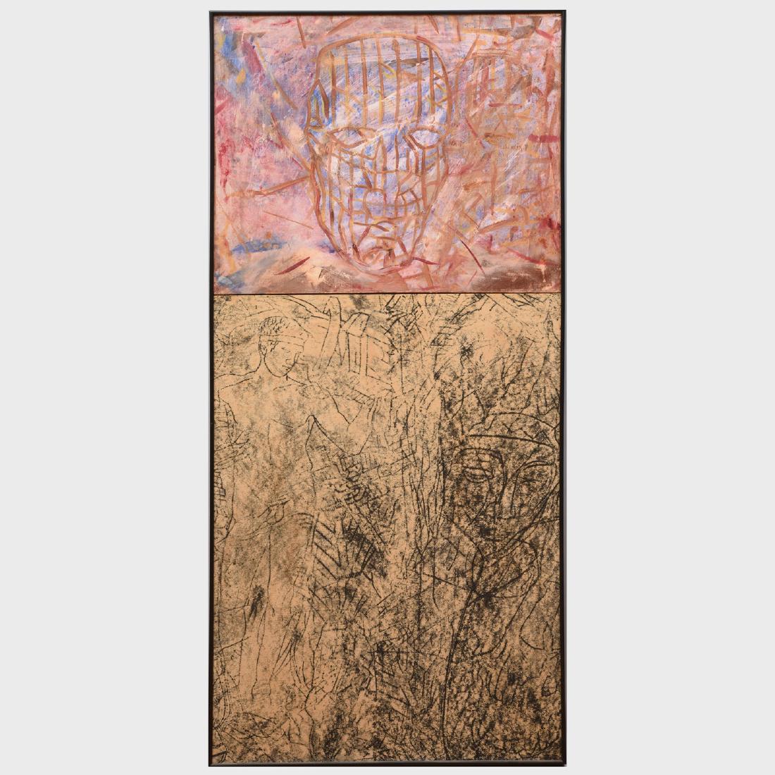 Joseph Nechvata (b. 1951): The Oedipal God of Oil Paint: Joseph Nechvata (b. 1951): The Oedipal God of Oil Paint and Destruction Oil and screenprint on two canvases, 1985, both signed 'Joseph Nechvatal', titled and dated on the reverse, with label from Broo