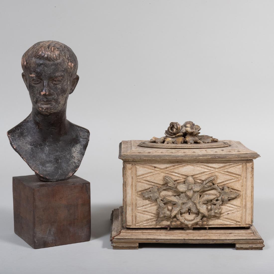 Composite Bust of a Man and a Painted Wood Cigar Case: Composite Bust of a Man and a Painted Wood Cigar Case The bust on stand, the box with four removable trays. The bust on stand 15 in. high, the box 9 x 11 x 8 1/2 in.