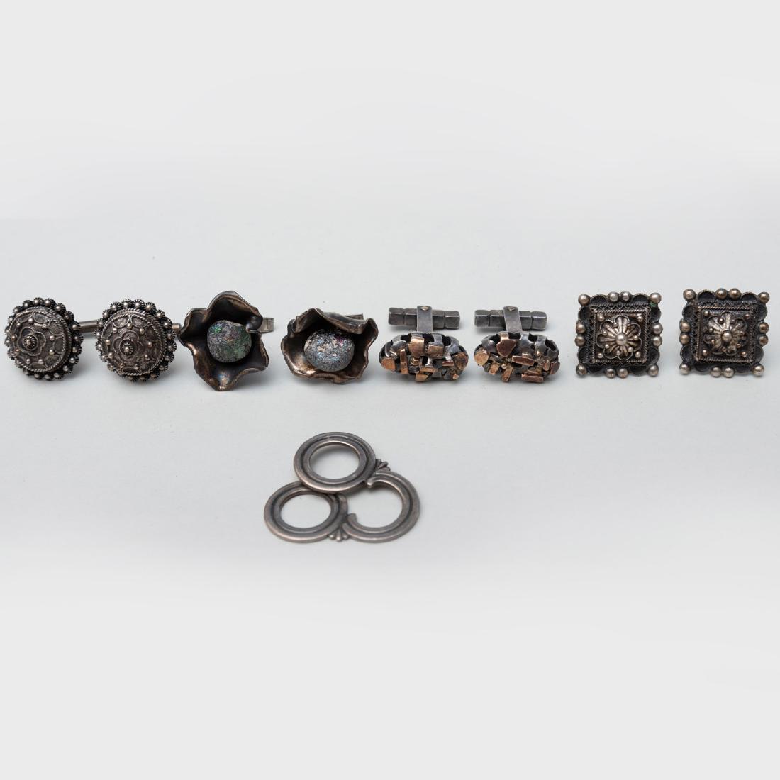 Pair of Resia Schor Silver Cufflinks: Pair of Resia Schor Silver Cufflinks Together with three pairs of silver cufflinks and Georg Jensen silver scarf clip. Combined 2.8 oz.