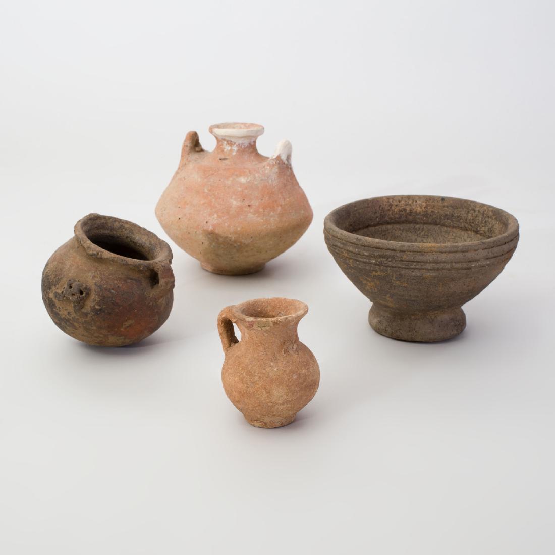 Group of Four Rustic Pottery Vessels: Group of Four Rustic Pottery Vessels The largest 5 x 5 1/2 in. diam. Property from the Collection of Morley & Jane Safer