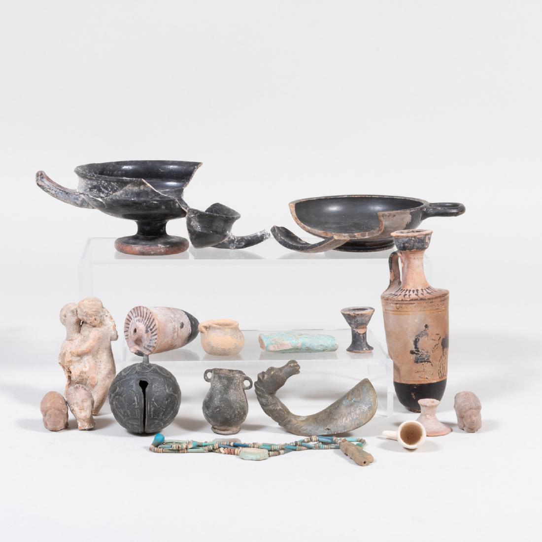 Group of Pottery Shards and Metalwork, Some Possibly: Group of Pottery Shards and Metalwork, Some Possibly from Antiquity The shards include fragments of amphora, footed bowls, figures, a necklace and a pipe; the metal work includes a bell, vessel and a 