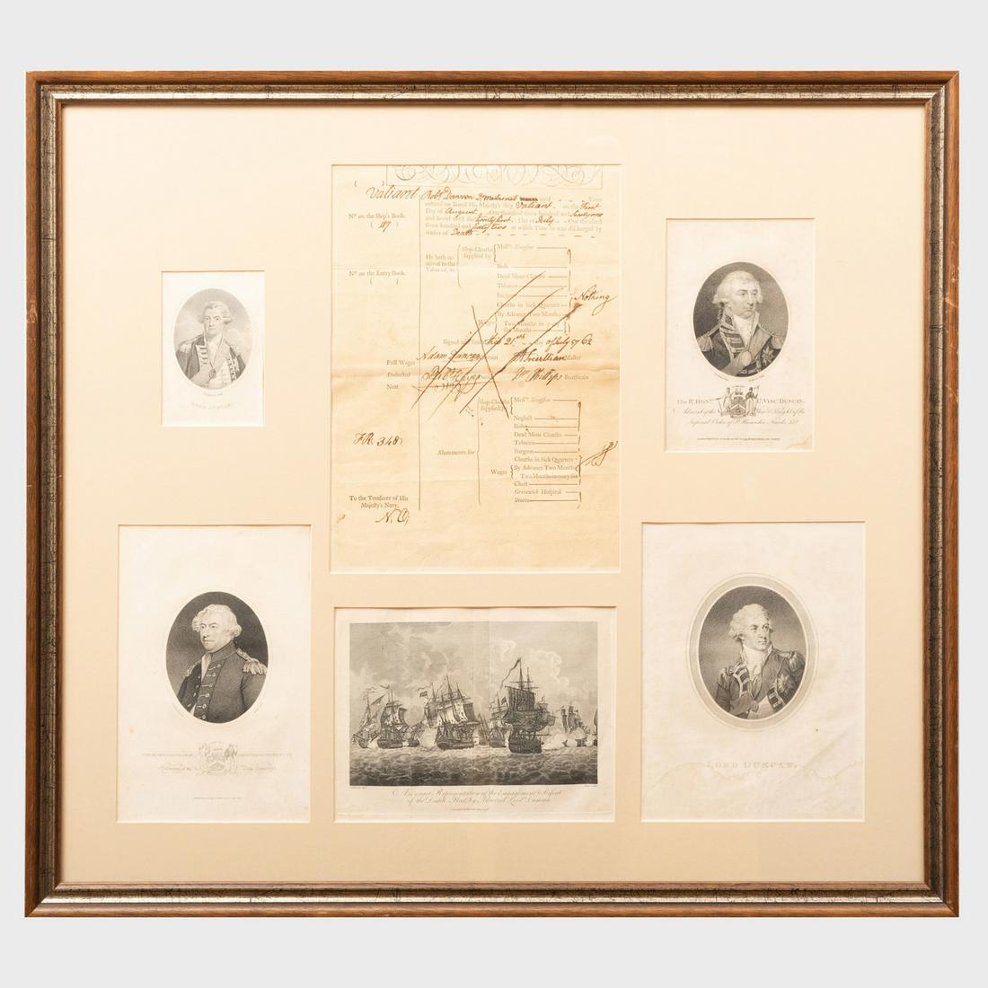 English School: Lord Duncan: A Group of Works on Paper: English School: Lord Duncan: A Group of Works on Paper Five engravings on wove paper and one ship's log page. Various sizes, 25 x 28 in. (framed together).