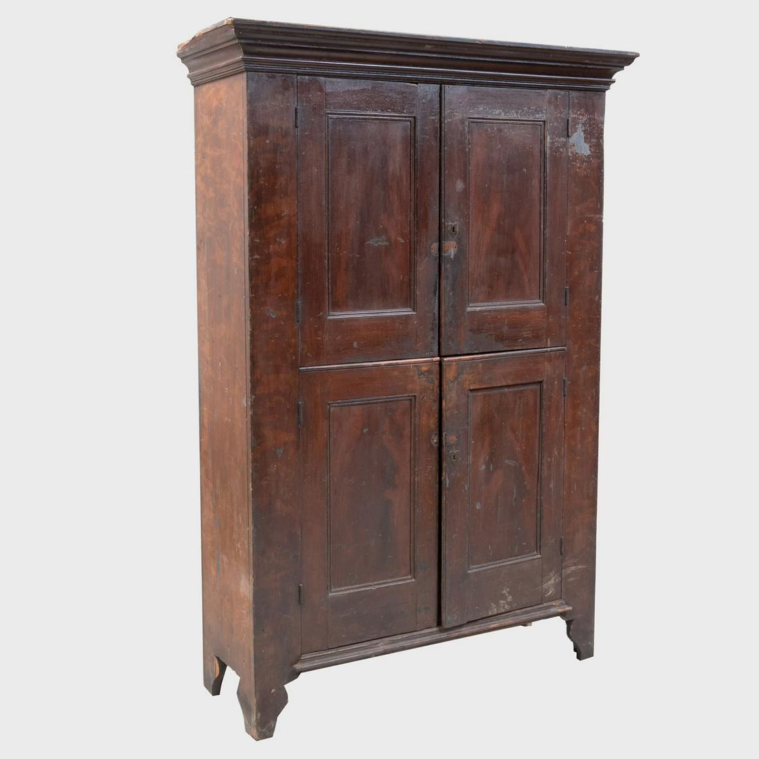 Hudson Valley Iron Red Paneled Cupboard: Hudson Valley Iron Red Paneled Cupboard Fitted with two shelves on the top and one on the bottom section. 78 x 54 1/2 x 20 1/4 in. The Estate of Philip and Kathleen Seibel, Catskill, NY