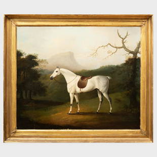Daniel Clowes (1774-1829): A Saddled Grey Hunter in a: Daniel Clowes (1774-1829): A Saddled Grey Hunter in a Wooded Landscape Oil on canvas, signed 'D. Clowes' lower right. 22 1/2 x 27 in., 27 x 31 in. (frame). Lady Mainwaring, London; Sold Christie's, N