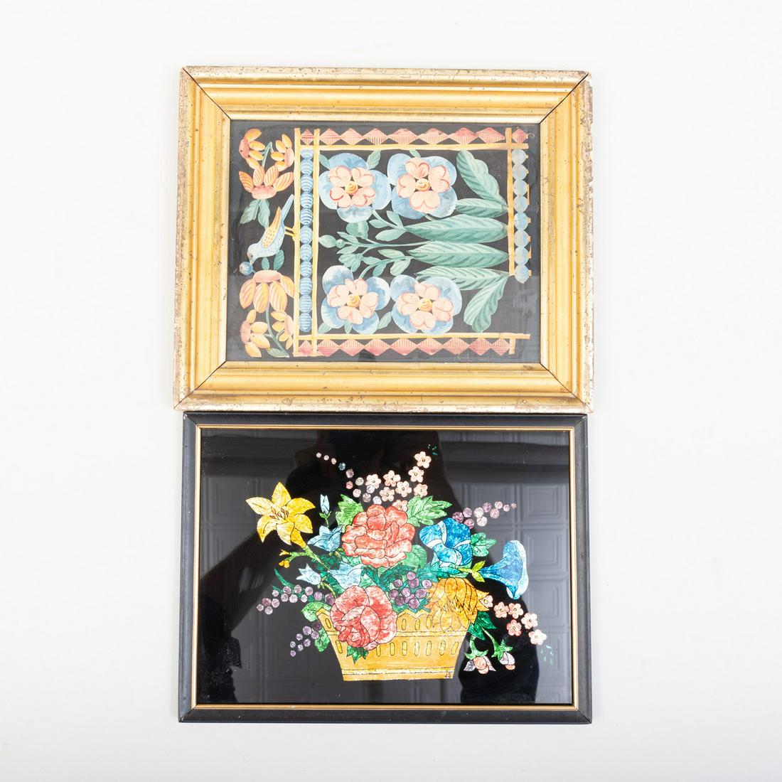 Folk Art Cut Paper Still Life and a Reverse Glass and: Folk Art Cut Paper Still Life and a Reverse Glass and Foil Still Life The cut paper 12 1/2 x 10 1/2 in. (frame), The foil 9 1/8 x 12 1/4 in. (frame).