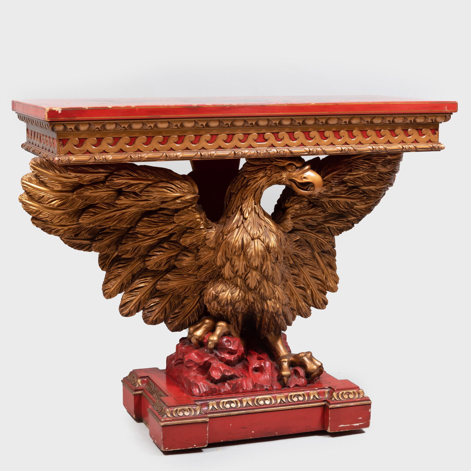 George III Style Red Japanned and Parcel-Gilt Eagle: George III Style Red Japanned and Parcel-Gilt Eagle Console Table 32 1/2 x 41 1/4 x 18 1/8 in.