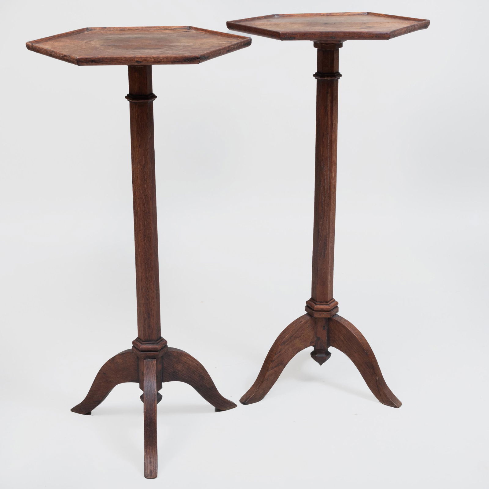 Pair of Continental Oak Candlestands: Pair of Continental Oak Candlestands Each stamped 'Cte' to top. 35 x 15 x 18 in. The Collection of Judith & Gerson Leiber