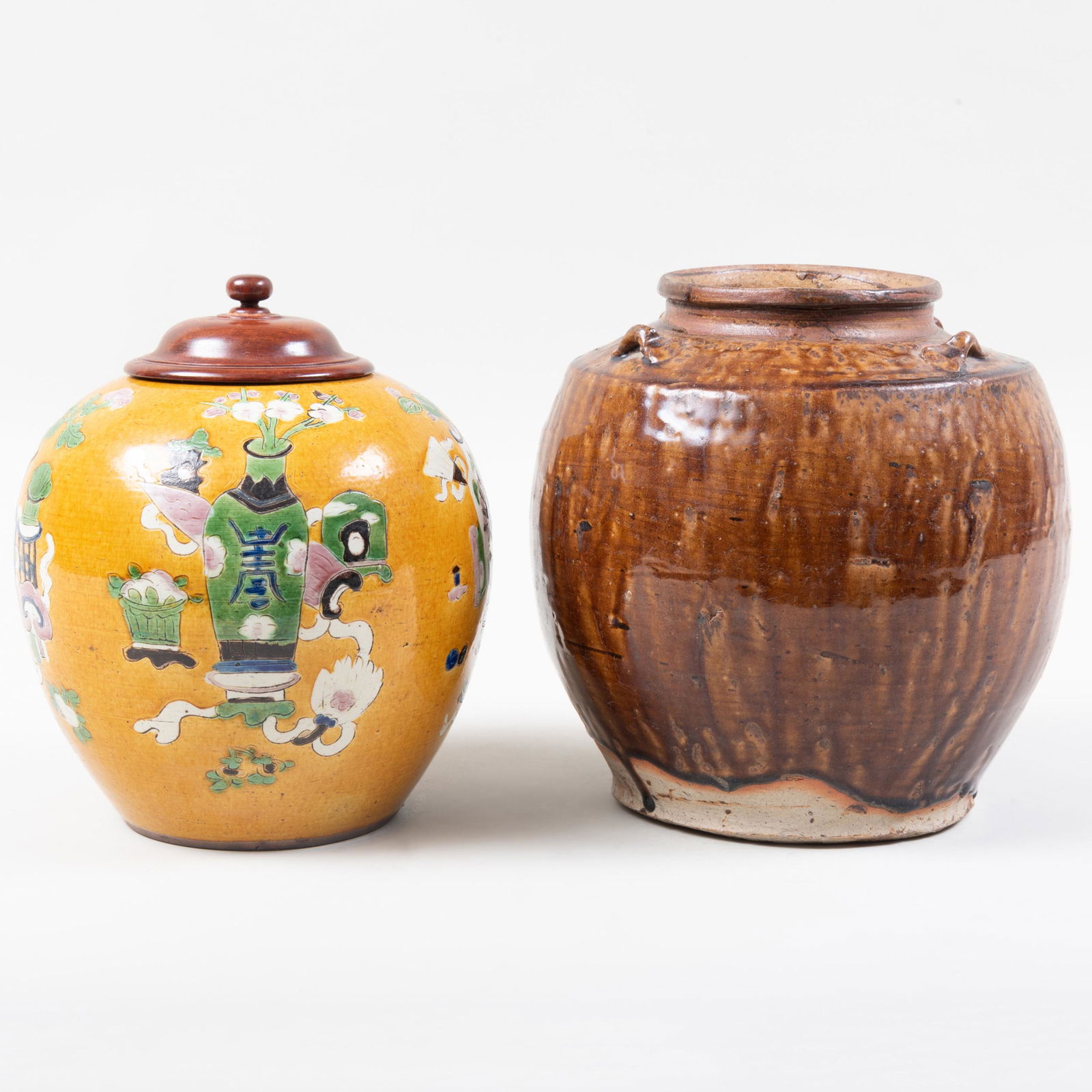 Chinese Yellow Glazed Pottery Ginger Jar and a Brown (1 of 7)