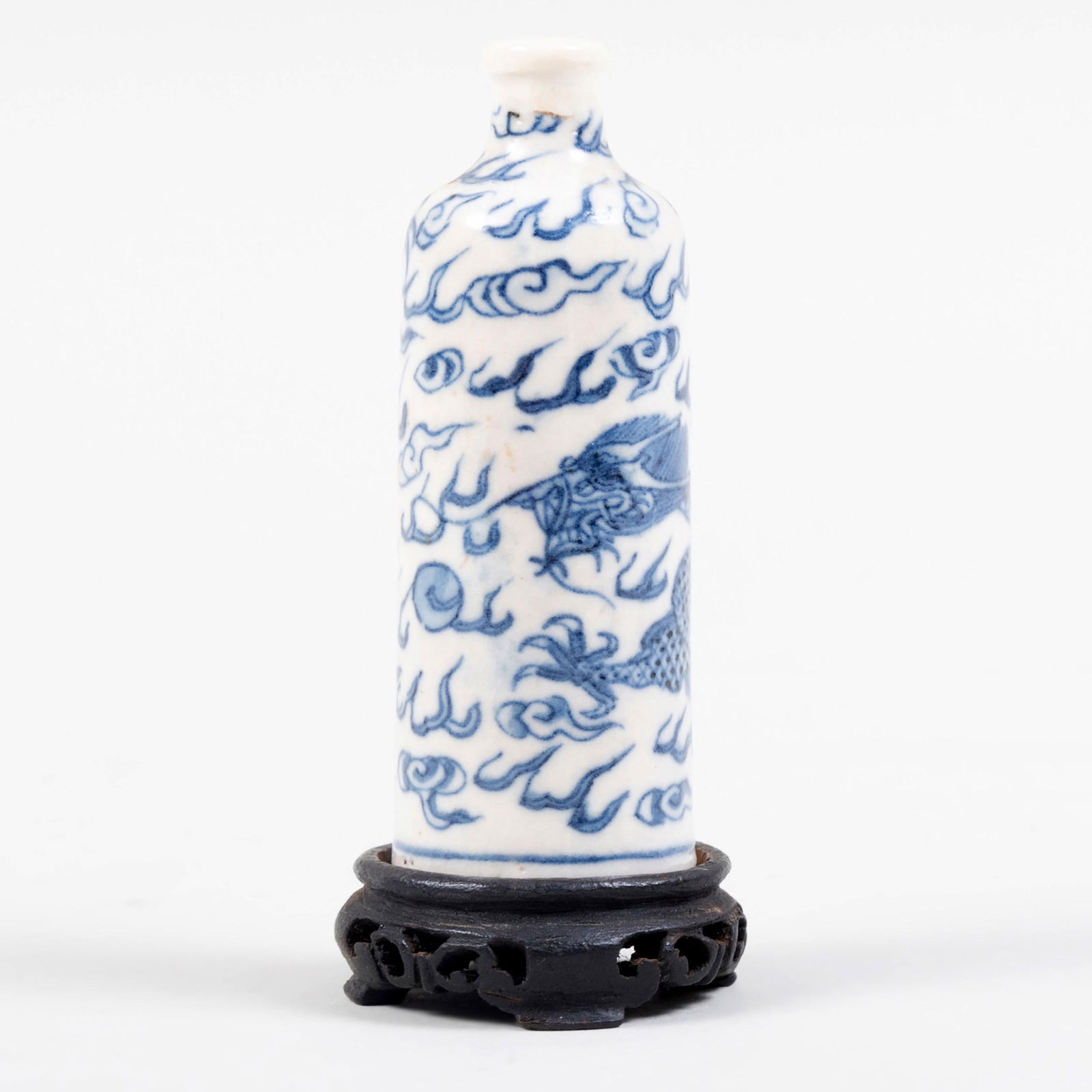 Chinese Blue and White Porcelain Snuff Bottle: Chinese Blue and White Porcelain Snuff Bottle Blue six character mark to base. 3 in. high. The Collection of Judith & Gerson Leiber