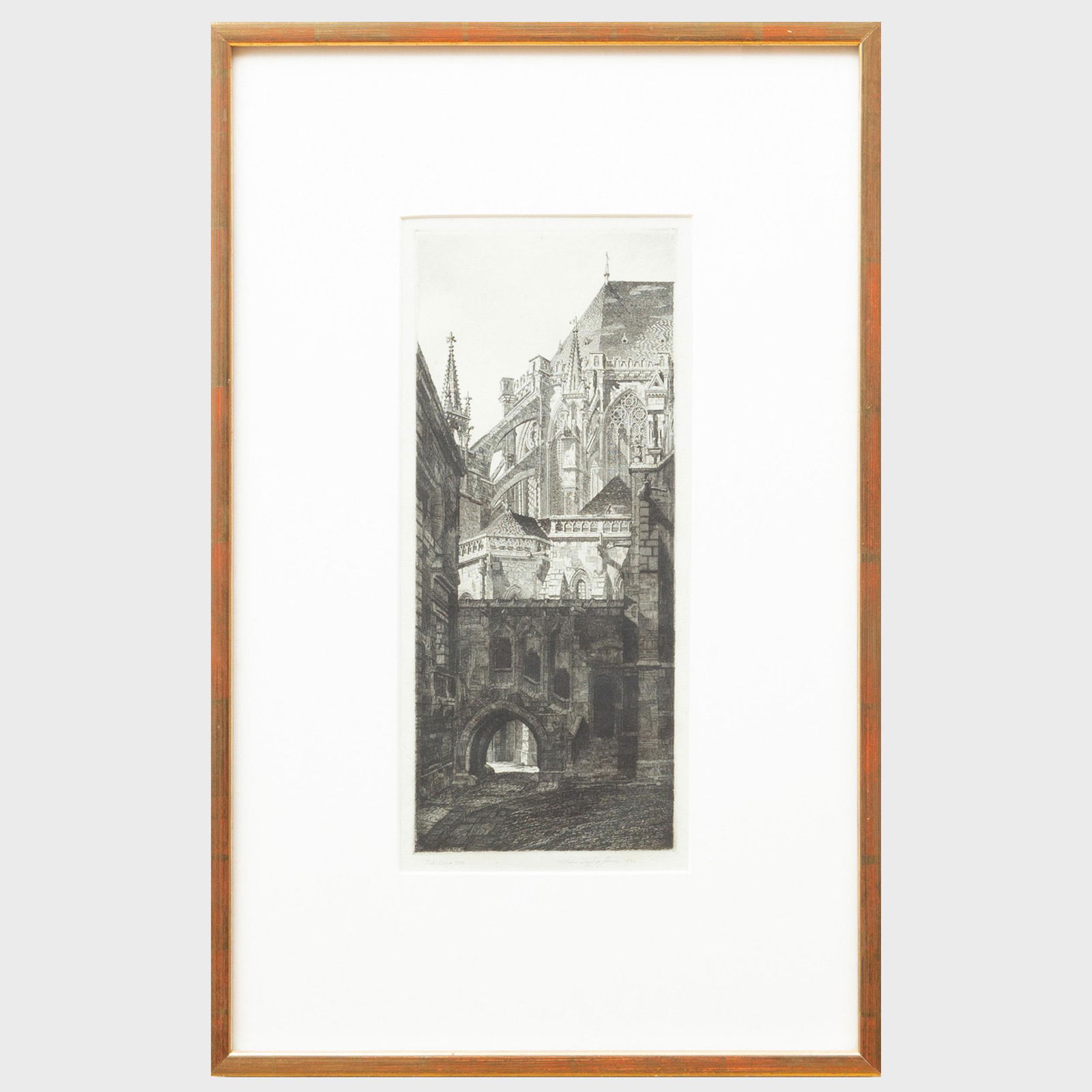 John Taylor Arms (1887 - 1953): Abside de la Cathedrale: John Taylor Arms (1887 - 1953): Abside de la Cathedrale De St. Pierre Etching in black on grey laid paper, 1930, signed, dated and inscribed 'Edition 100' in pencil. 12 1/2 x 5 1/4 in. (plate), 21 x 1