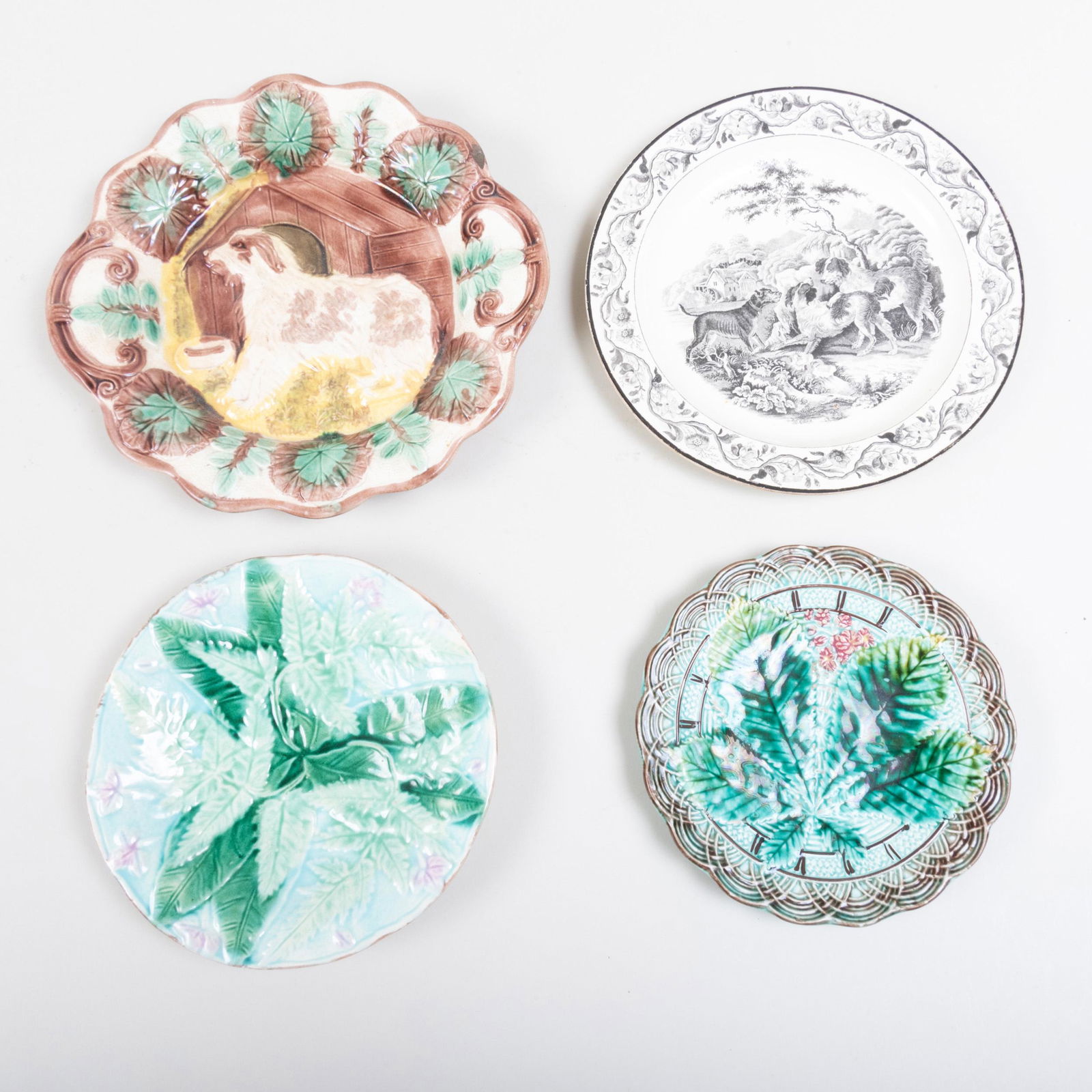 Staffordshire Rabbit, Three Majolica Plates and a (1 of 3)