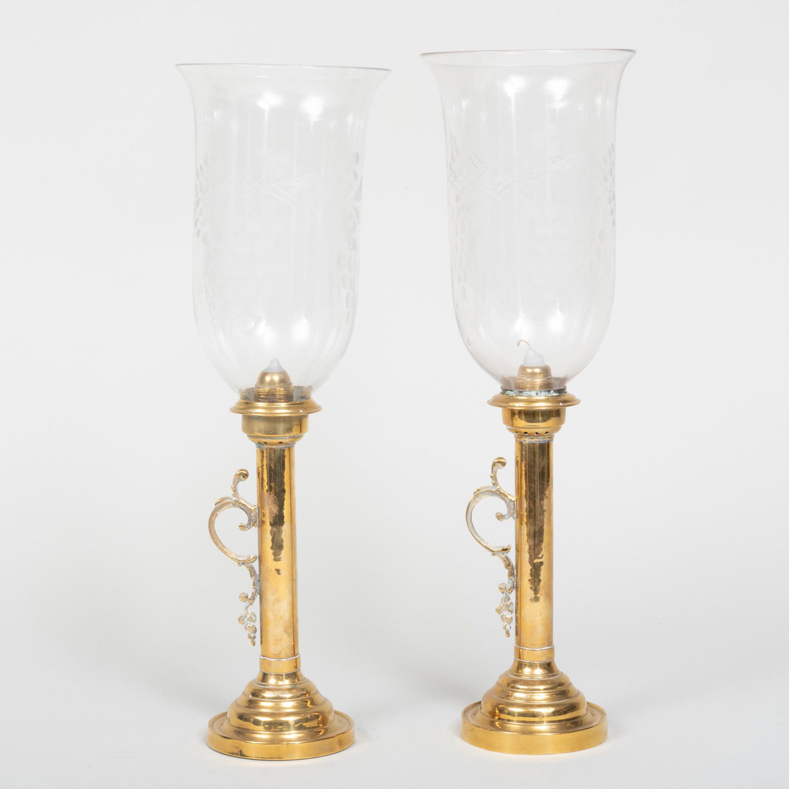 Pair of Brass Candlesticks with Etched Hurricane Shades (1 of 6)