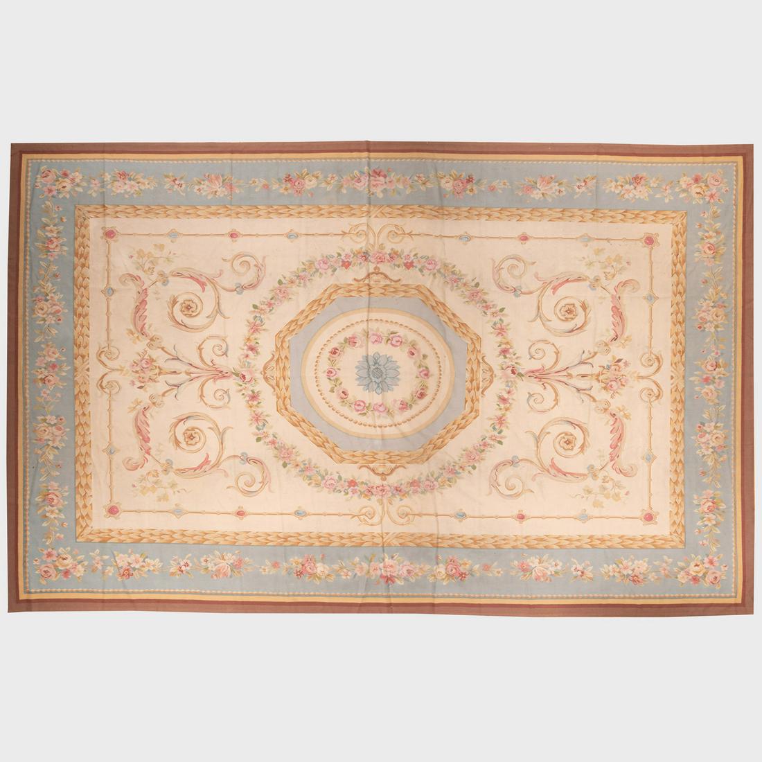 Aubusson Style Teal, Pink and Beige Carpet: Aubusson Style Teal, Pink and Beige Carpet Unlined. 206 x 129 in.