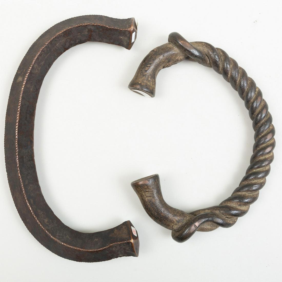 Large Jonga Bronze Currency Piece, Democratic Republic: Large Jonga Bronze Currency Piece, Democratic Republic of the Congo Together with a Bronze Torque Currency, Nigeria. Largest: 12 x 7 x 1 1/2 in. Note: An identical Nigerian bronze currency is illust