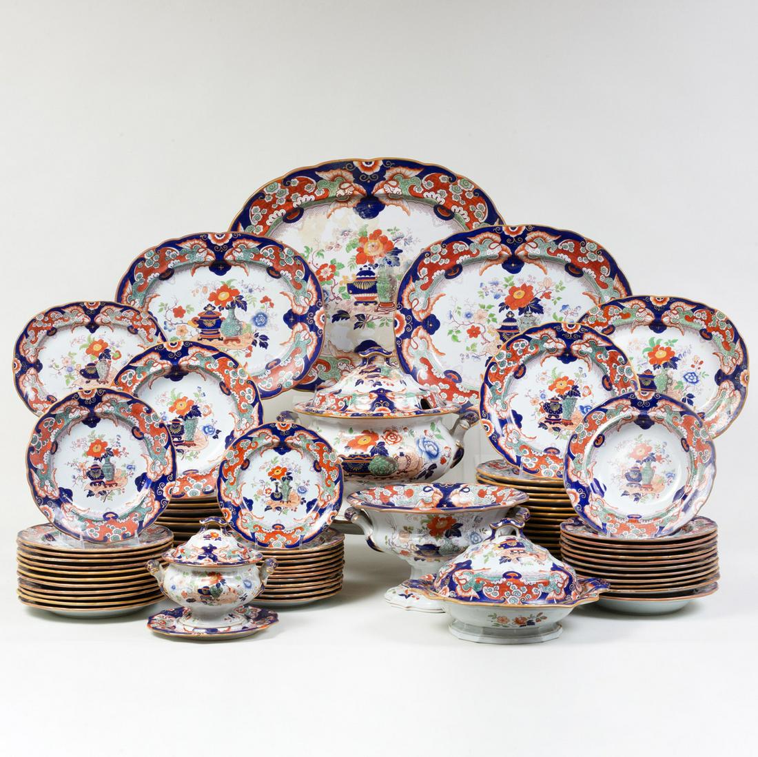 Ashworth's Ironstone Dinner Service: Ashworth's Ironstone Dinner Service Puce printed mark. Comprising: A soup tureen, cover and stand A centerbowl Pair of sauce tureens, covers and stands Six platters in three graduated sizes Two larger