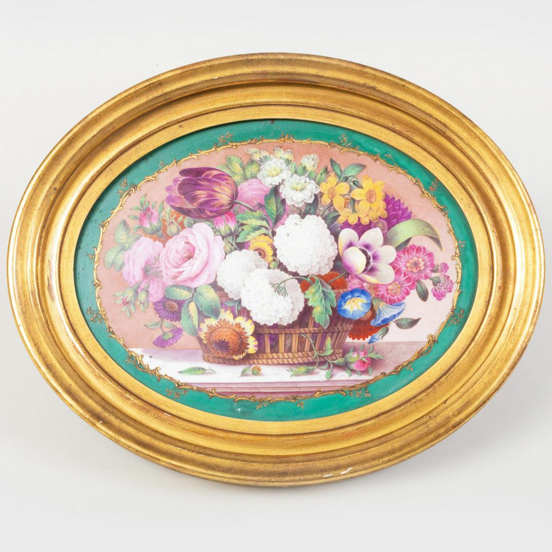 Derby Porcelain Plaque Decorated with a Still Life: Derby Porcelain Plaque Decorated with a Still Life 12 1/4 x 15 in. (frame). Partial applied label D.M. & P. Manheim, NY. Property of a Lady from a Berkshire Home Designed by Bunny Williams