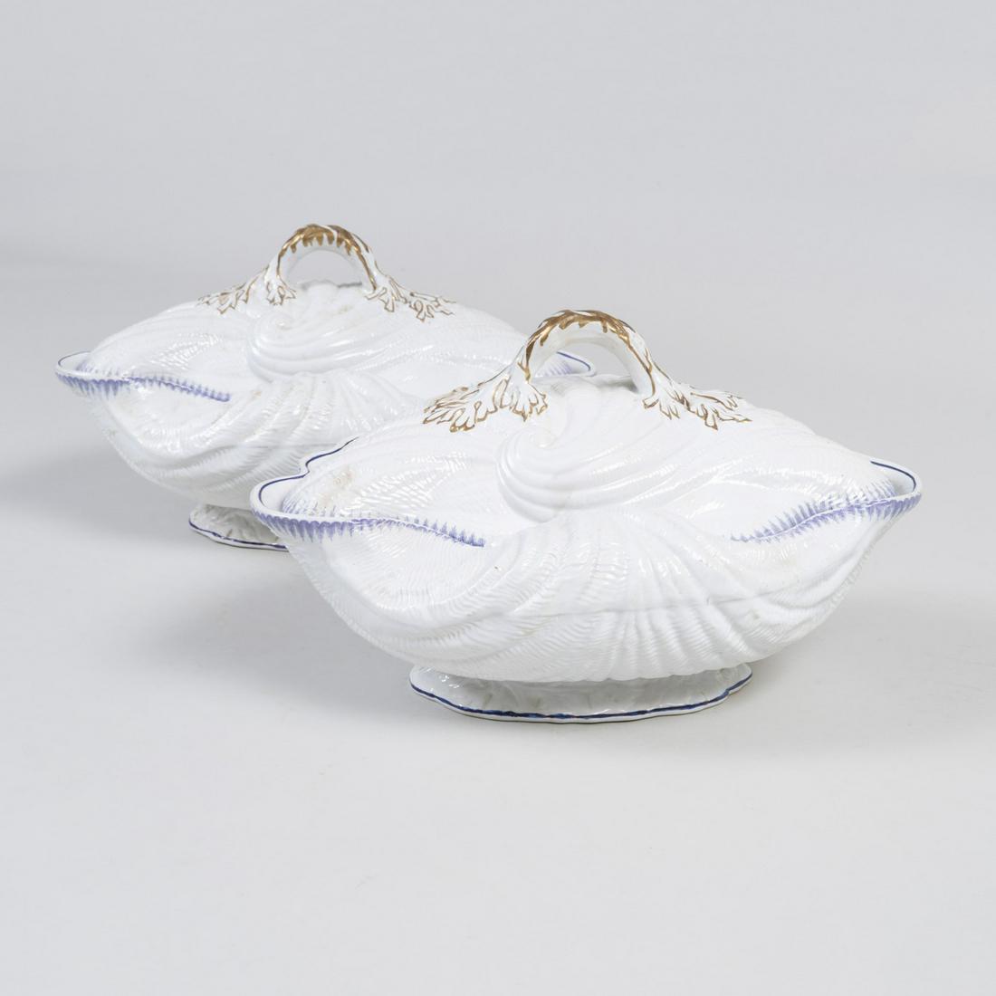 Pair of English Ironstone Shell Form Tureens and Covers: Pair of English Ironstone Shell Form Tureens and Covers Each with registration mark. 10 7/8 in. wide. The Collection of Judith & Gerson Leiber