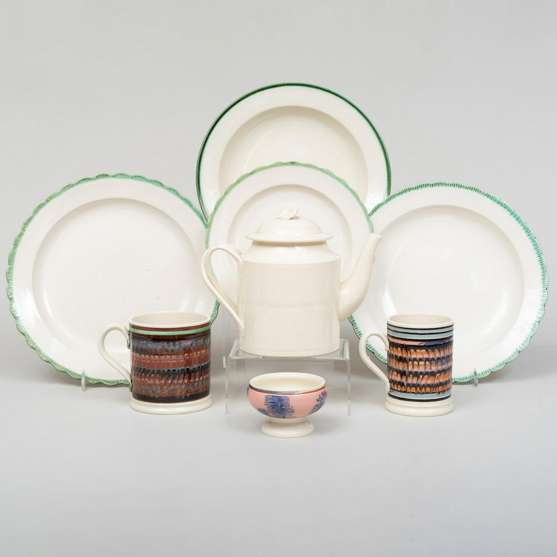 Group of D.G. Carpentier Creamware: Group of D.G. Carpentier Creamware Impressed marks. Comprising: A teapot and cover Two mocha mugs A mocha salt cellar A soup plate with beaded rim Two of soup plates with lobed rims A salad plate wit