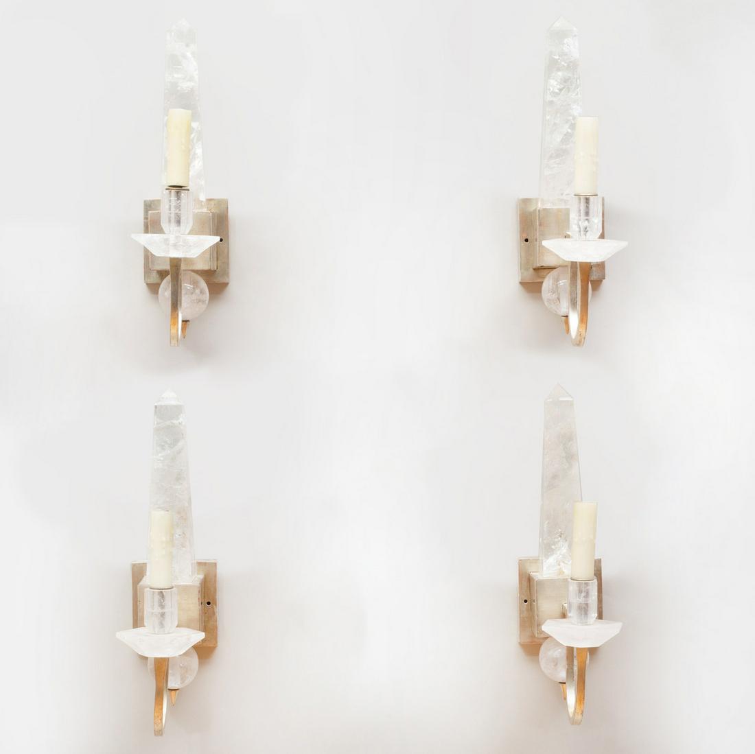 Set of Four Rock-Crystal and Polished Nickel Single: Set of Four Rock-Crystal and Polished Nickel Single Light Sconces 16 x 4 1/4 x 11 in.