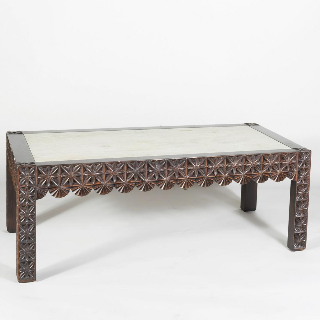 Modern Carved and Stained Hardwood Low Table: Modern Carved and Stained Hardwood Low Table Fitted with a travertine inset top. 19 1/4 x 51 1/2 x 30 1/2 in.