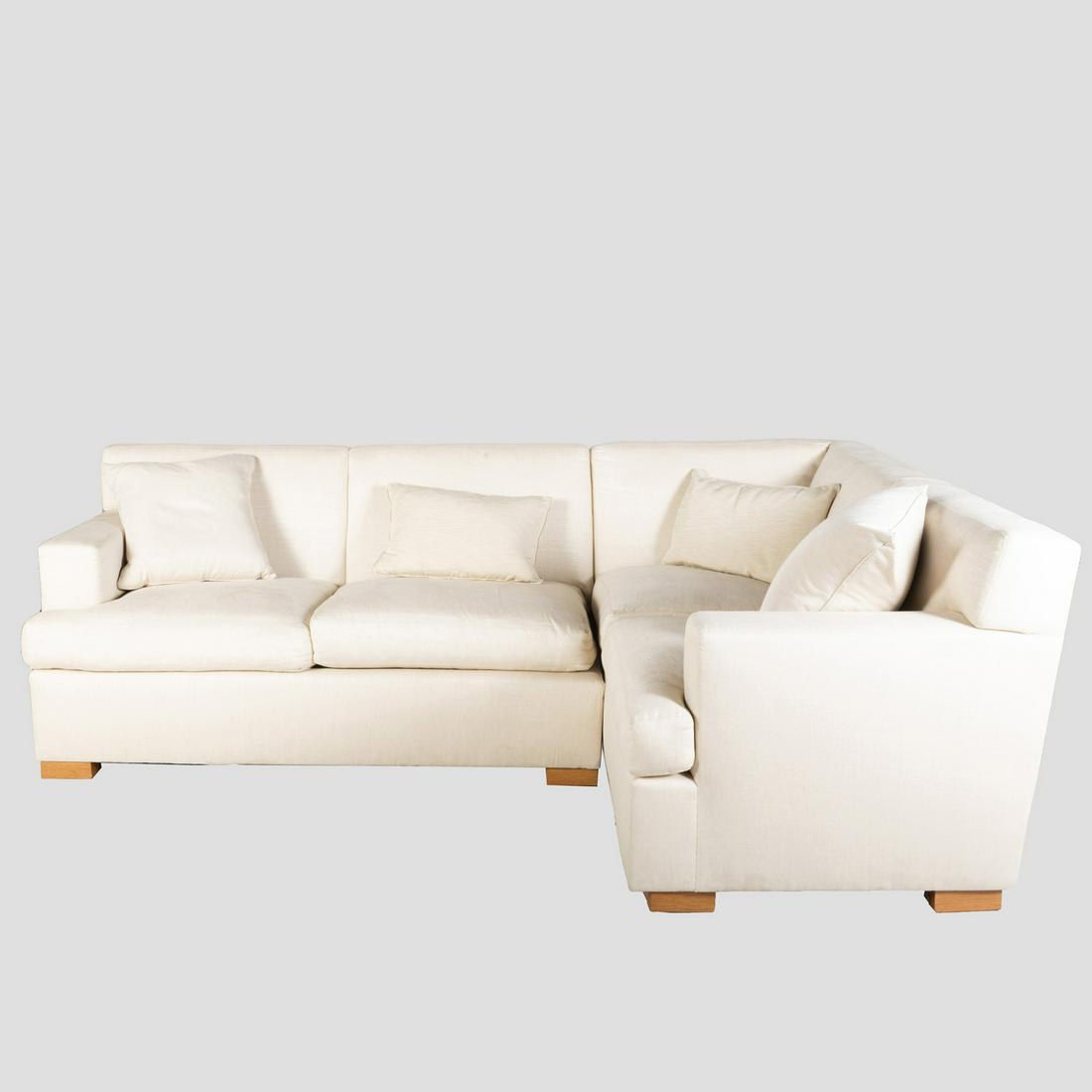 Modern Cream Linen Upholstered Sectional Sofa: Modern Cream Linen Upholstered Sectional Sofa In two parts. 32 3/4 x 96 x 64 1/2 in.
