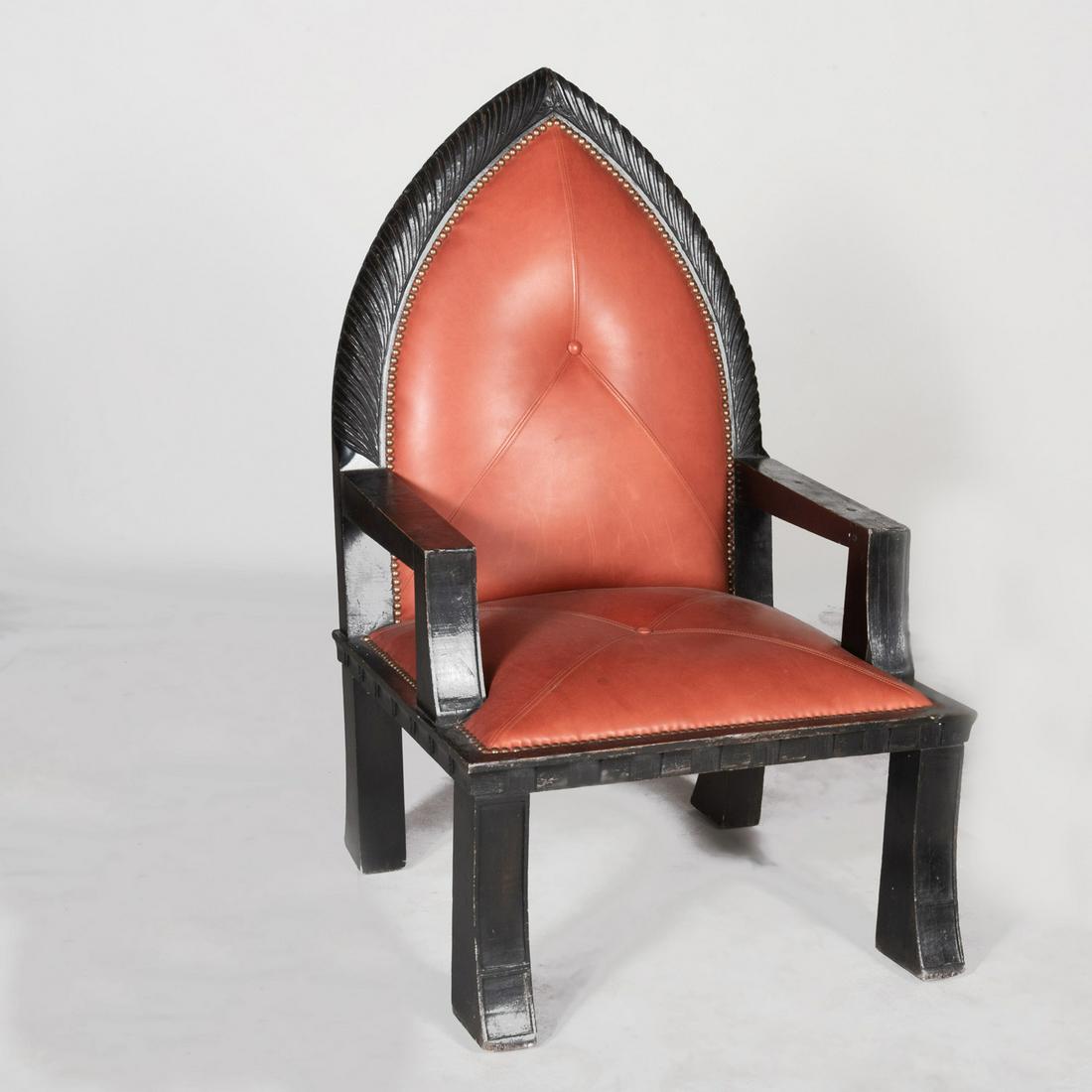 Anglo-Indian Carved and Stained Hardwood Throne Chair: Anglo-Indian Carved and Stained Hardwood Throne Chair In the gothic taste, upholstered in rose colored leather. 45 x 26 3/4 x 24 1/2 in. Galerie Nicole Mugler, Paris.