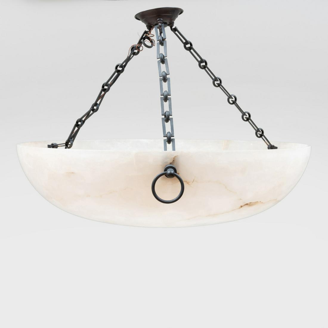 Modern Alabaster and Metal Three-Light Font Chandelier: Modern Alabaster and Metal Three-Light Font Chandelier 20 x 27 1/2 in. diam.