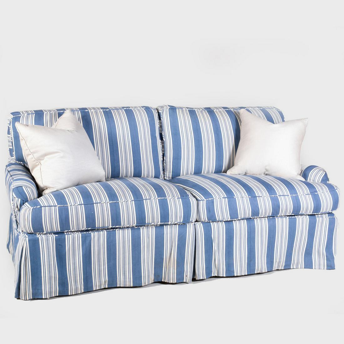Blue and White Striped Cotton Upholstered Sofa: Blue and White Striped Cotton Upholstered Sofa With two pillows. 35 1/2 x 68 1/4 x 34 1/2 in.