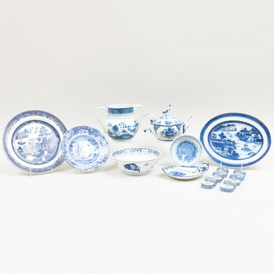 Miscellaneous Group of Blue and White Porcelain Kitchen: Miscellaneous Group of Blue and White Porcelain Kitchen Wares Including an English transferware dinner plate and Chinese oval platter in the willow pattern; Mottahedeh blue Canton pitcher; Spode trans