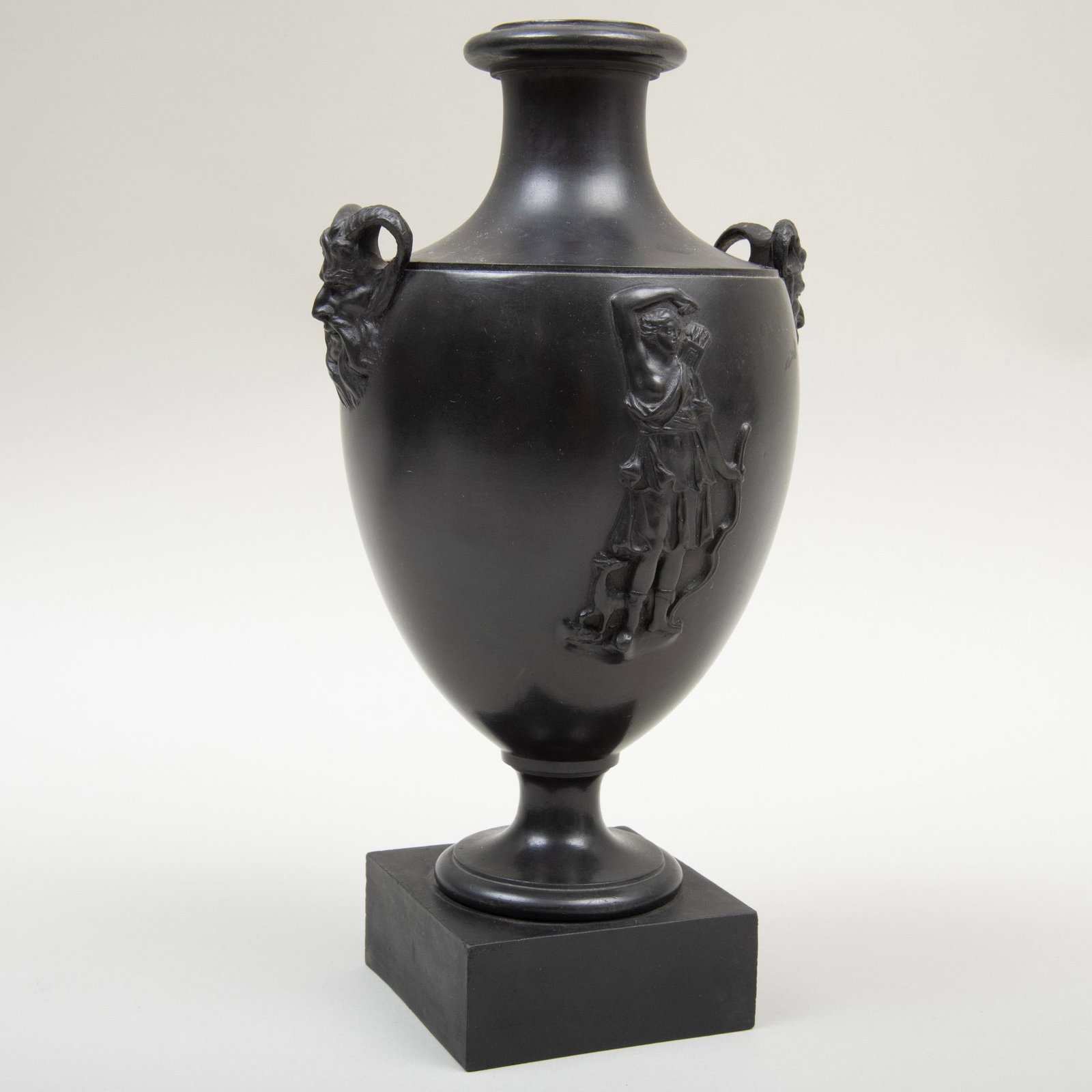 Wedgwood & Bentley Black Basalt Vase: Wedgwood & Bentley Black Basalt Vase Molded signature and Etruria; decorated in relief with the figure of Diana. 10 3/4 in. high. The Milton Milestone Collection of Early Wedgwood Pottery, Sotheby Par