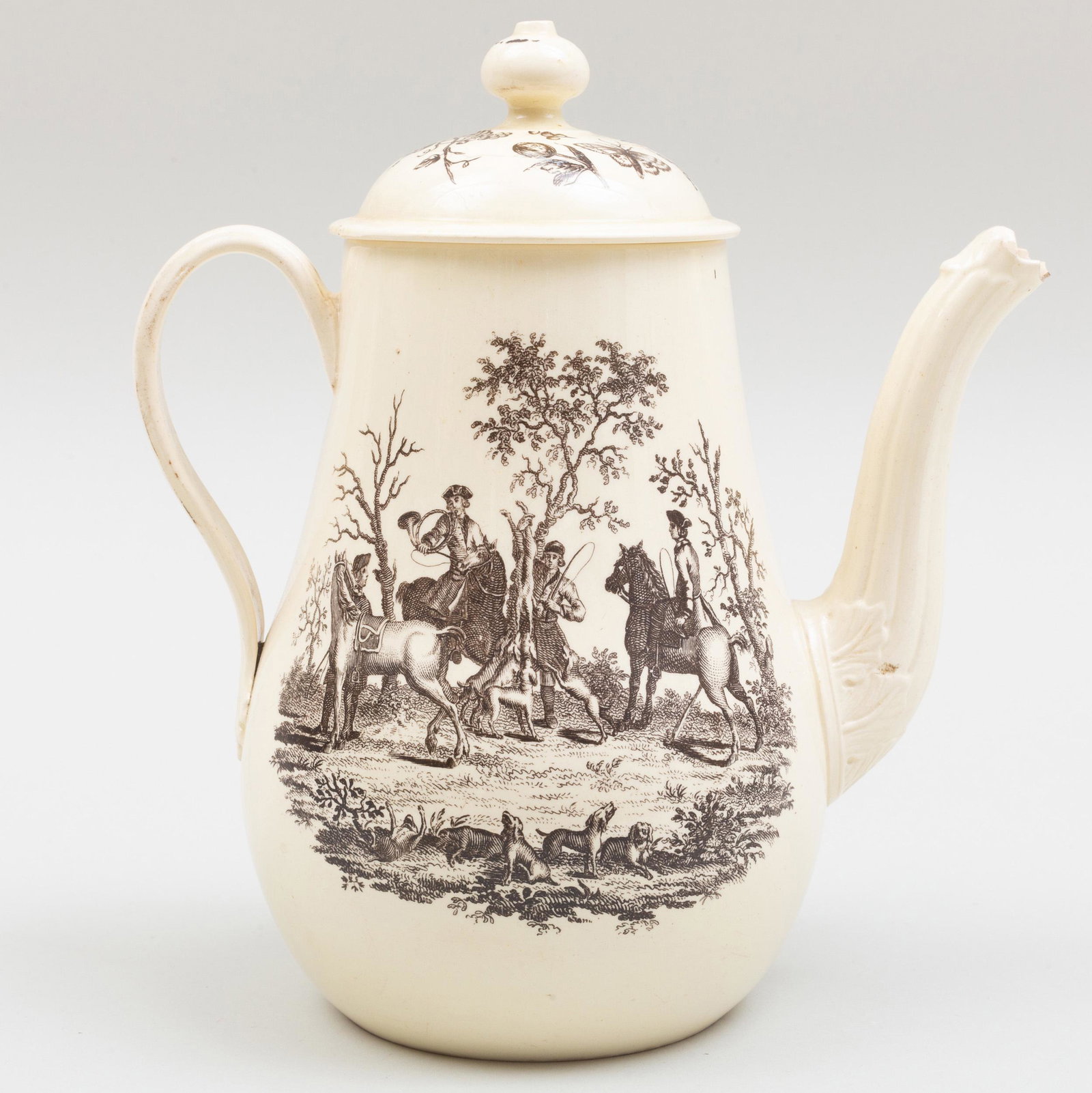 Wedgwood Transfer Printed Creamware Coffee Pot and: Wedgwood Transfer Printed Creamware Coffee Pot and Cover Decorated with a Hunting Scene Apparently unmarked. 8 3/4 in. high. Phillips, London, March 21, 2001, lot 195. Label for Norman Stretton Collec