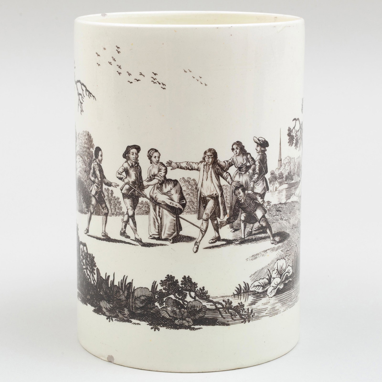 Wedgwood Black Transfer Printed Creamware Mug 'Blind: Wedgwood Black Transfer Printed Creamware Mug 'Blind Man's Bluff' Impressed mark. 6 1/8 in. high. Jonathan Horne Antiques, London, 1985. Label for the Starr Collection no. 452.