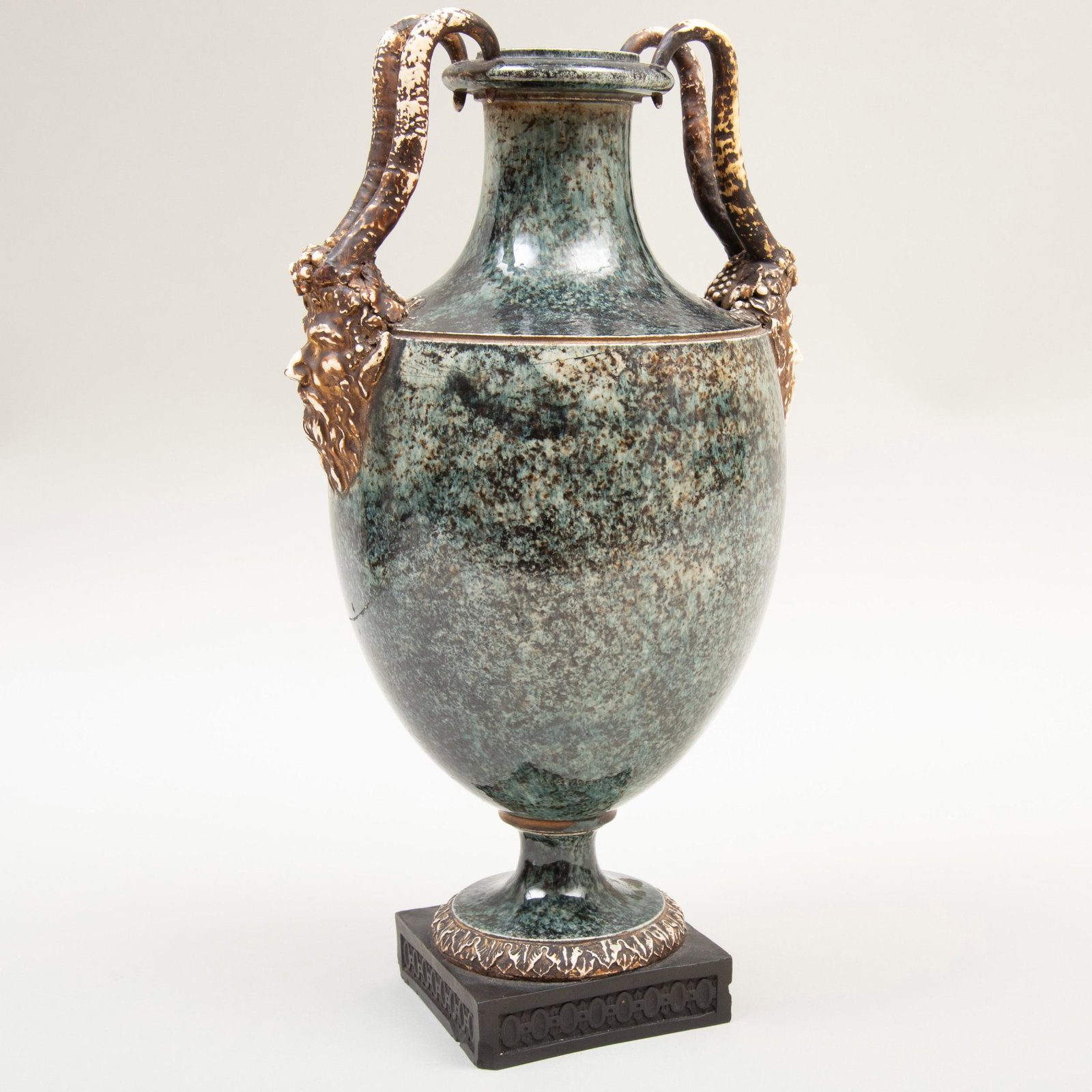 Wedgwood & Bentley 'Porphyry' Vase: Wedgwood & Bentley 'Porphyry' Vase Impressed lowercase mark; affixed on either side with a gilt satyr's mask and horn handle. 13 1/4 in. high. Sotheby's Arcade, New York, 1984. Label for the Starr Col