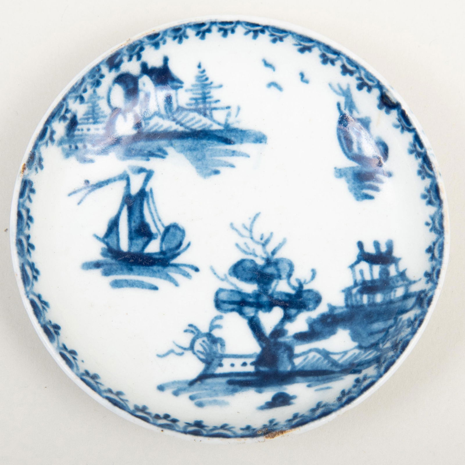 Lowestoft Blue and White Porcelain Miniature Plate: Lowestoft Blue and White Porcelain Miniature Plate Printed with a building and a boat. 2 7/8 in. diam. Peter Williams, February, 1987.