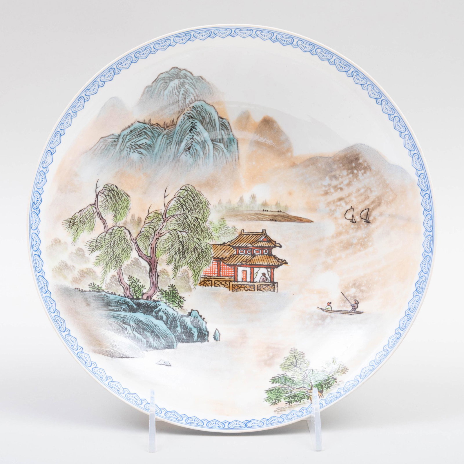 Chinese Famille Rose Eggshell Porcelain Shallow Bowl: Chinese Famille Rose Eggshell Porcelain Shallow Bowl with a River Landscape Seal mark. 9 1/4 in. diam.