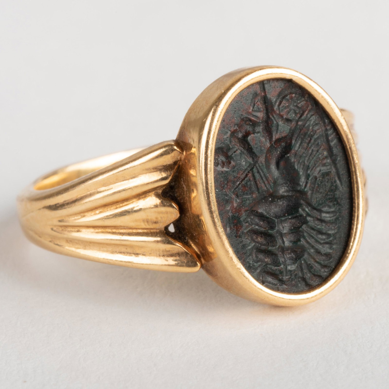 Black Agate Intaglio of Nike in Her Chariot, Set in a: Black Agate Intaglio of Nike in Her Chariot, Set in a Gold Ring Size 7, 2.6 dwts. p>