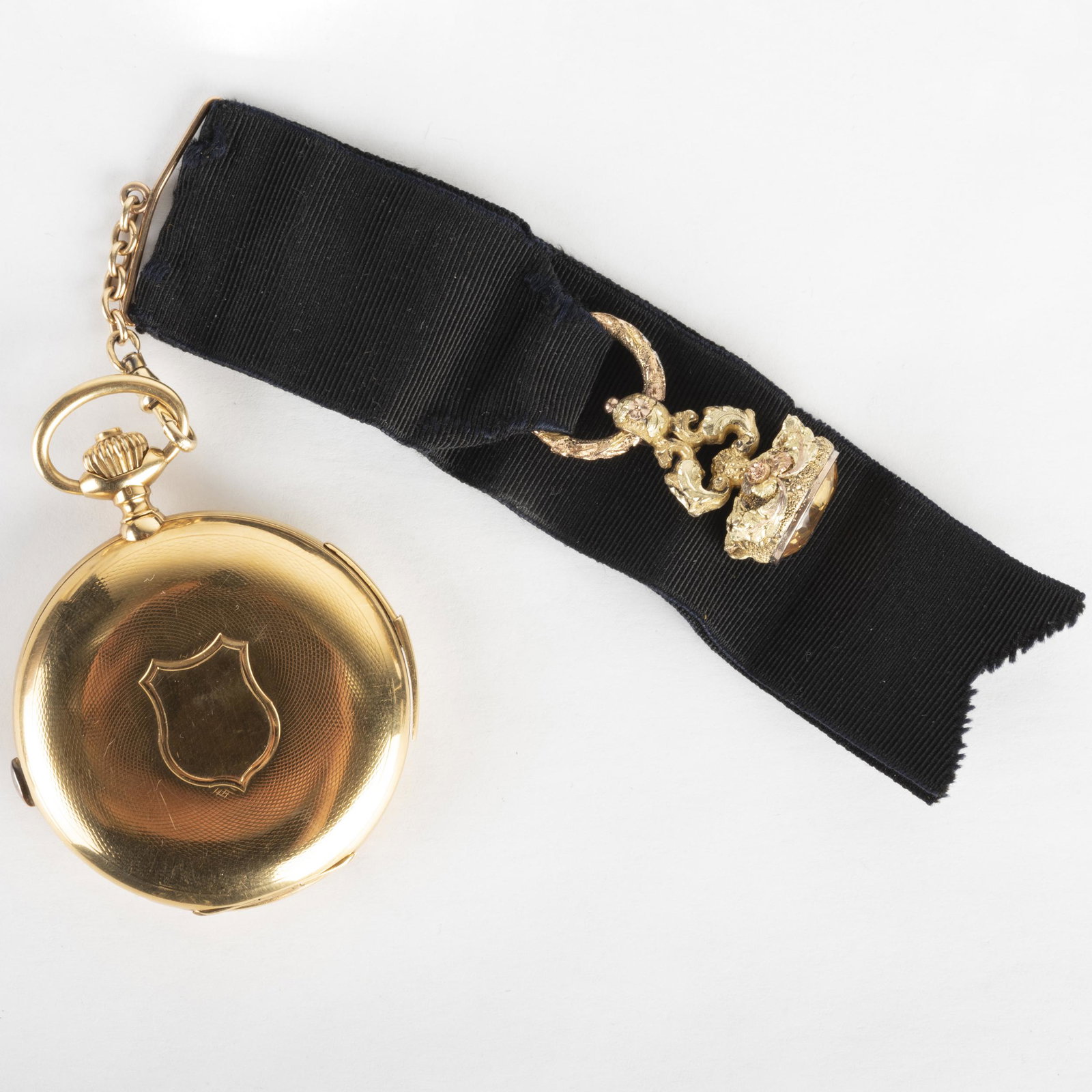 Longines 18k Gold Pocket Watch: Longines 18k Gold Pocket Watch On a ribbon with a gilded silver-mounted citrine. 87.5 dwts. p> Property from the Collection of Prince Ivan Obolensky