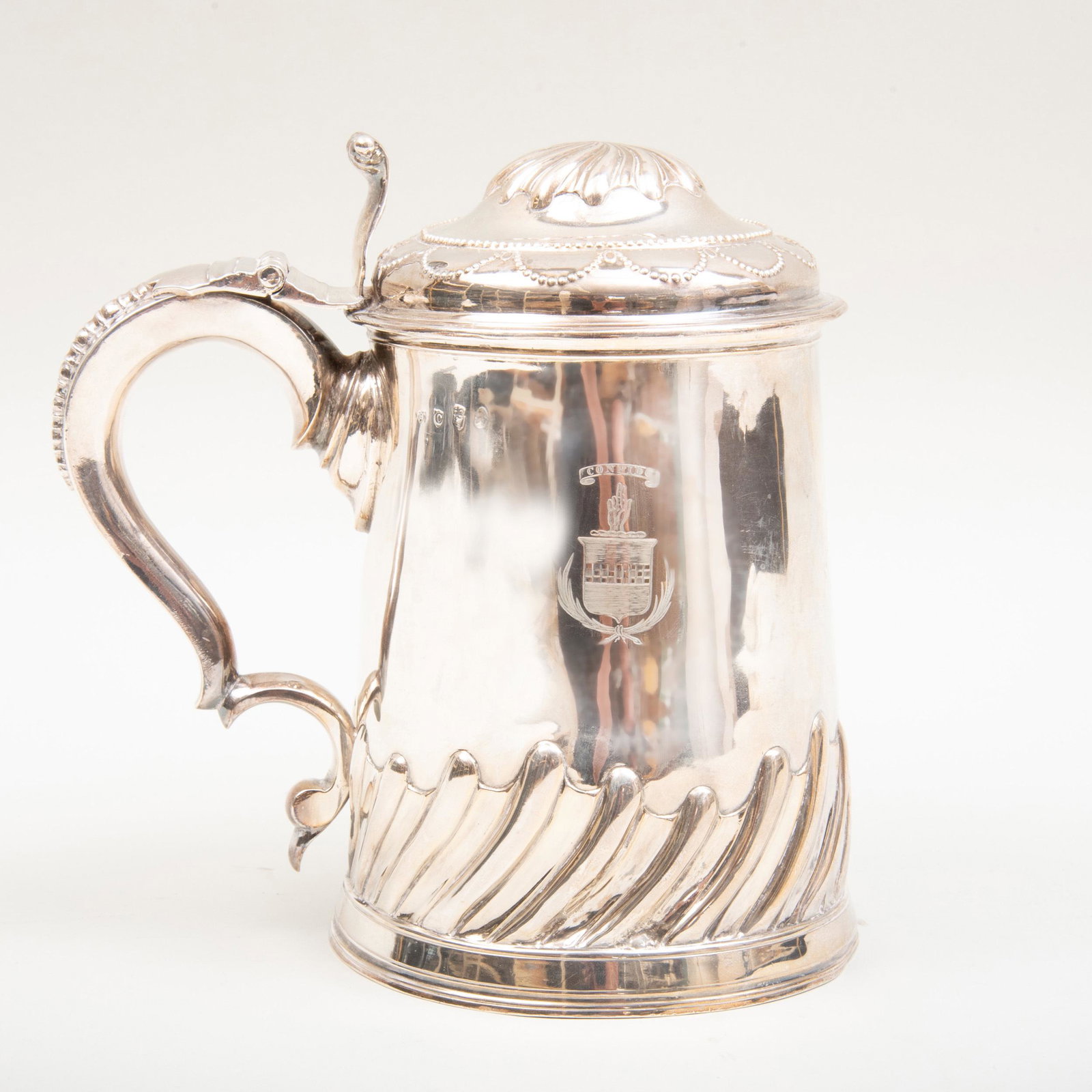 George III Irish Silver Armorial Tankard: George III Irish Silver Armorial Tankard Mark of Joseph Jackson, Dublin, 1775. 8 1/4 in. high, 38 oz. approx. gross weight. p> Property from a Distinguished Gentleman, New York City