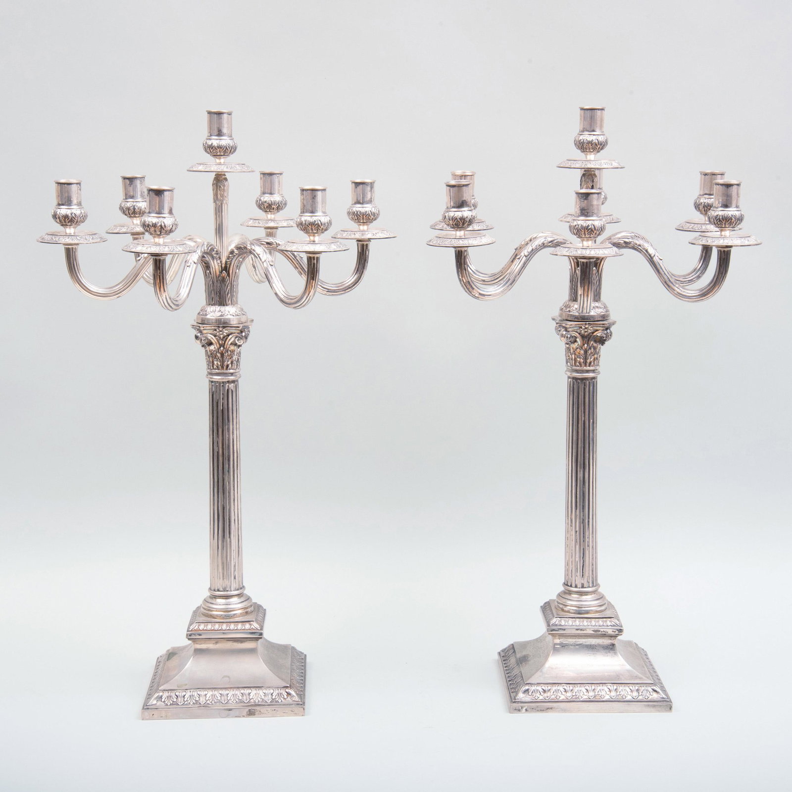 Pair of German Silver Seven-Light Candelabra: Pair of German Silver Seven-Light Candelabra Marked '.800'; the bases weighted. 25 1/2 in. high. p> Property from a Distinguished Gentleman, New York City