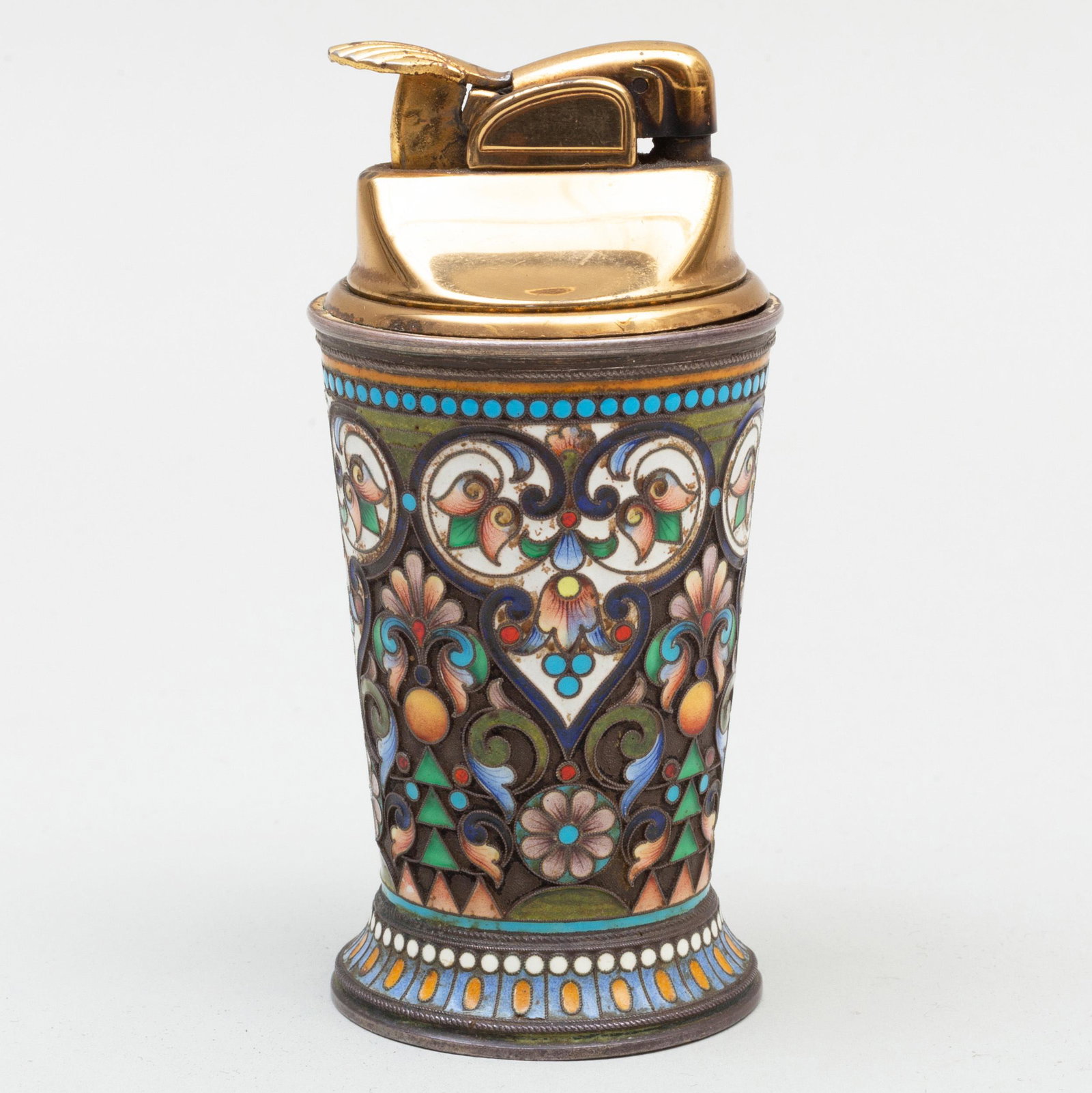 Russian Silver and Enamel Table Lighter: Russian Silver and Enamel Table Lighter Marked '.88', spurious Faberge mark. 4 in. high. p> Property from the Collection of Prince Ivan Obolensky