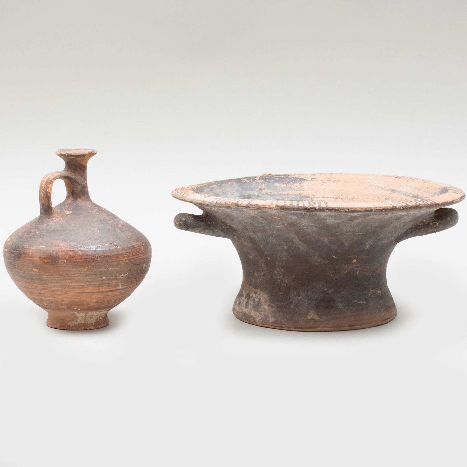 Two Greek Painted Pottery Vessels: Two Greek Painted Pottery Vessels Comprising a bowl and an oil vessel. Largest: 4 1/2 x 9 7/8 in. p> Private Collection of Mr. P. Wong, Elegance Gallery, Hong Kong, 1993. Property from a Private Colle