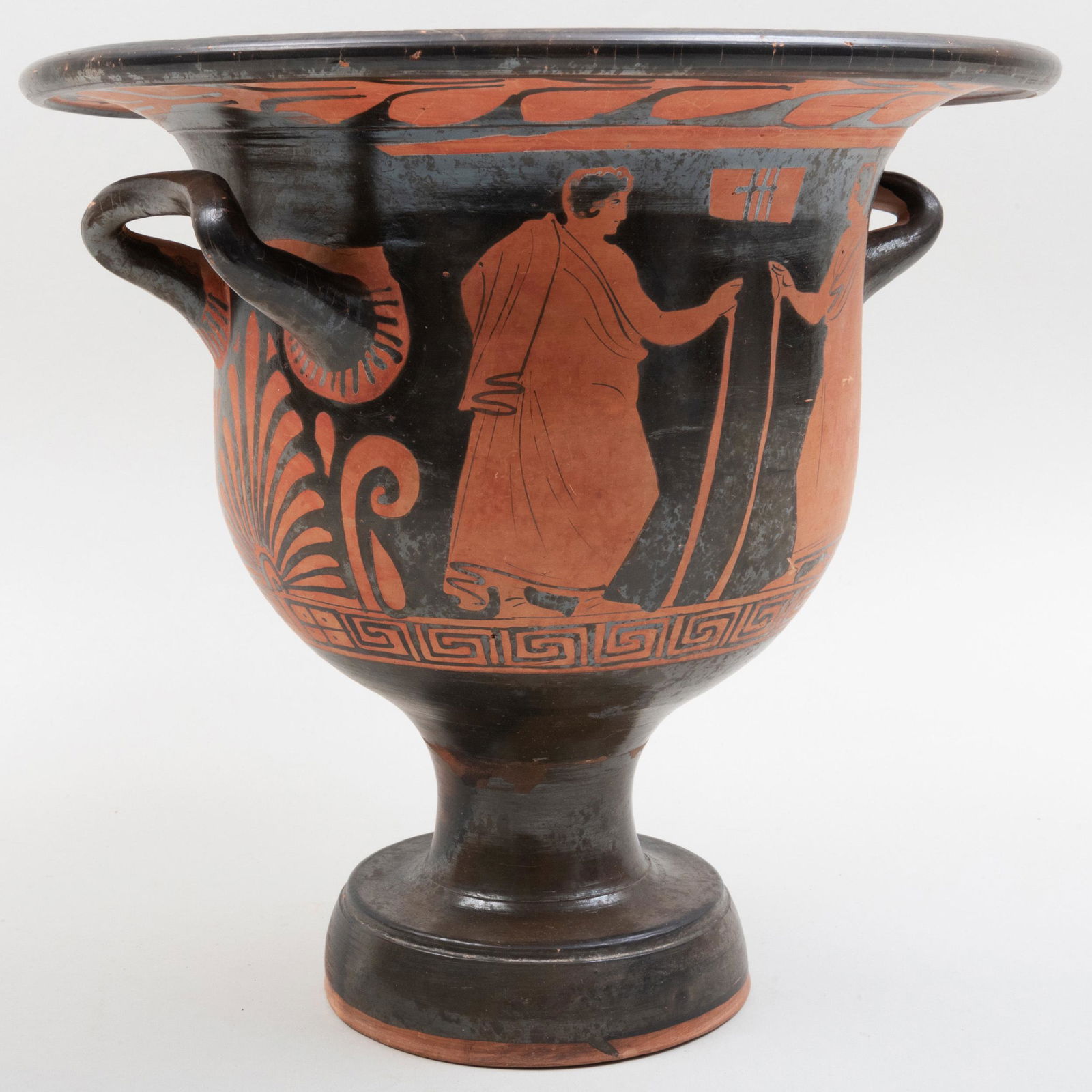 Greek Red Figure Bell Krater, Apulia: Greek Red Figure Bell Krater, Apulia 11 1/8 x 11 3/4 in. p> Sold Stair Galleries, Hudson, NY, April 30, 2016, Lot 480, The Estate of Paula Peyraud.