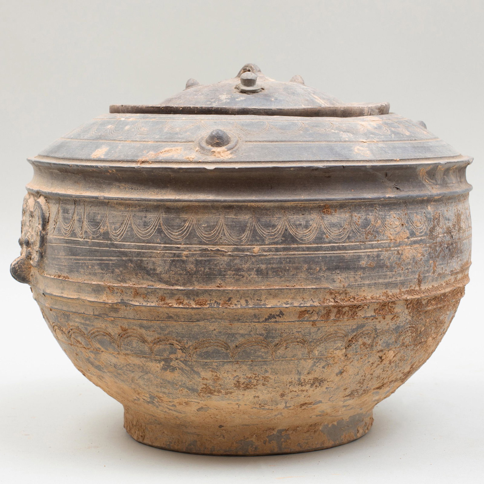 Chinese Painted Pottery Covered Vessel, Probably: Chinese Painted Pottery Covered Vessel, Probably Warring States Fitted with bat shaped handles. 9 3/4 x 12 1/4 x 12 in. p> Private Collection of Mr. P. Wong, Elegance Gallery, Hong Kong, 1993. Propert