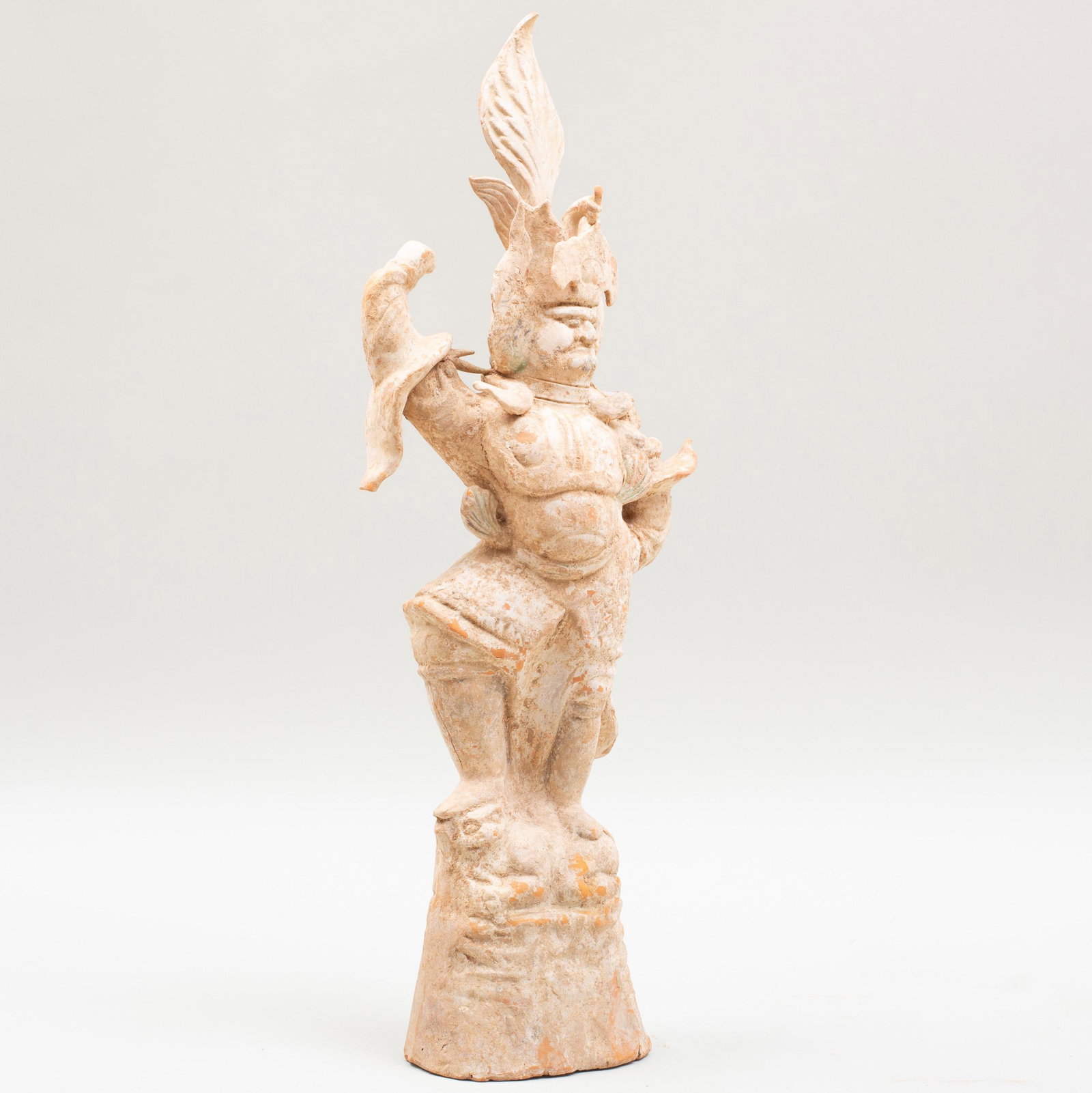 Chinese Painted Pottery Figure of a Tomb Guardian: Chinese Painted Pottery Figure of a Tomb Guardian 22 1/2 in. high. p> Private Collection of Mr. P. Wong, Elegance Gallery, Hong Kong, 1993. Property from a Private Collector, Chatham, NY