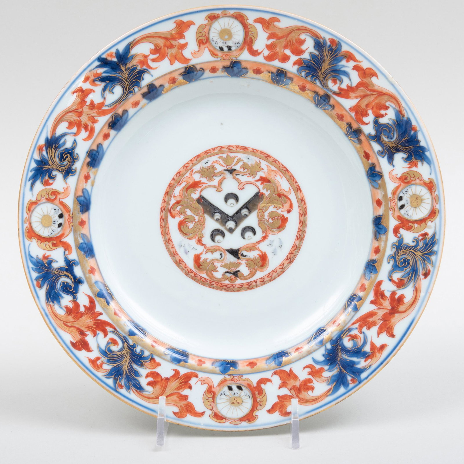 Chinese Export Porcelain Imari Palette Plate Decorated: Chinese Export Porcelain Imari Palette Plate Decorated with the Arms of the Walker Family 8 1/2 in. diam. Note: For a similar example see Howard, David, Chinese Export Porcelain, 1974, B2, pg. 177, il